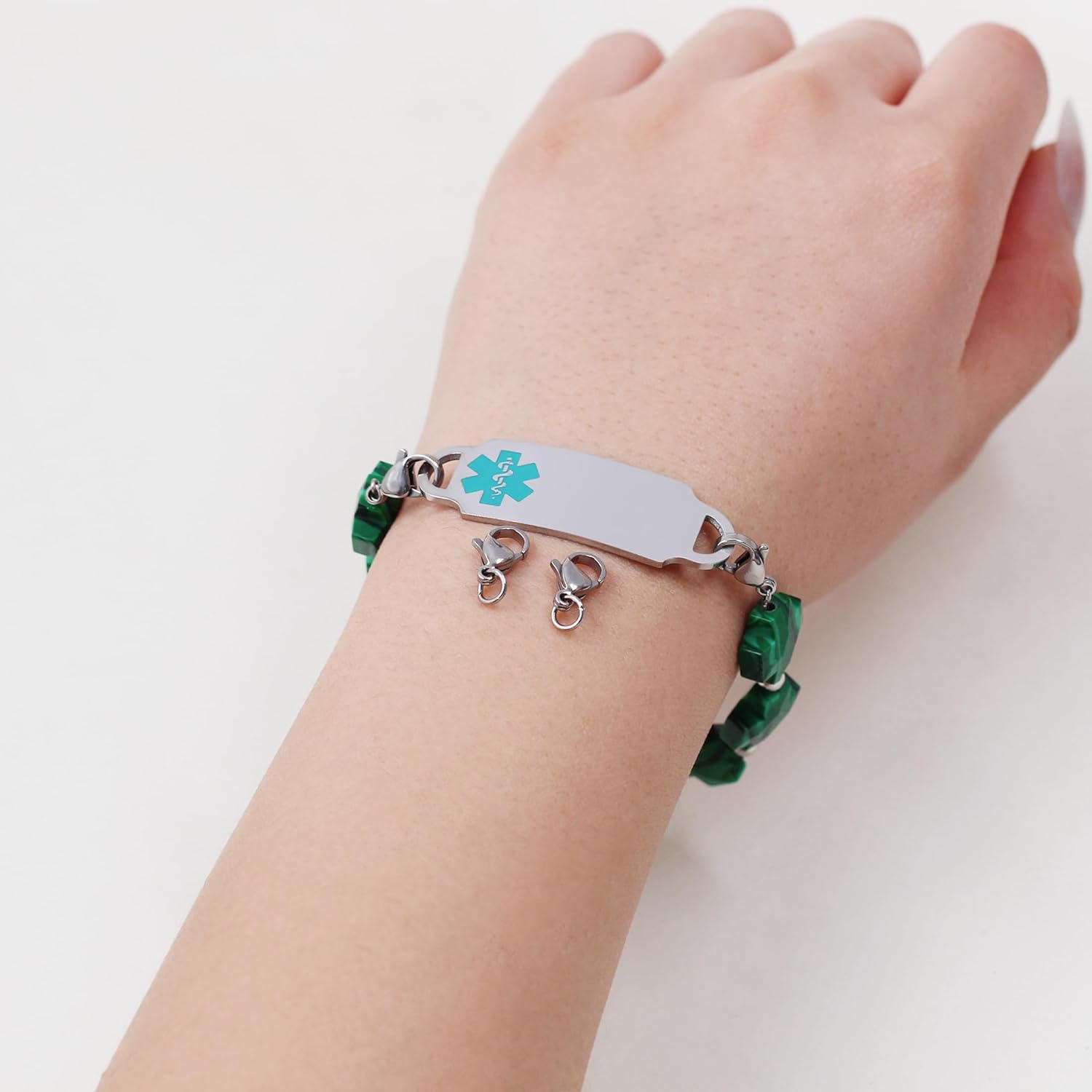 Customized Stainless Steel Medical Alert First Responder ID Tag Bracelet | Double Lobster Clasp Natural Greek Cross Stone Hospital Rescue Bracelet with Rod of Asclepius for Life-Saving