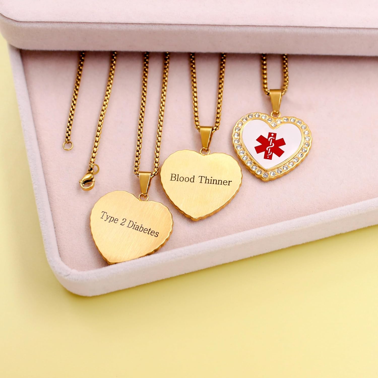 Uloveido Free Engraving Medical Alert Necklace – Heart-Shaped Gold-Plated Pendant with Zircon Accents, Custom Medical ID Jewelry, Allergy-Safe 50cm Chain, Unisex for Seniors, Sports, and Active Lifestyle