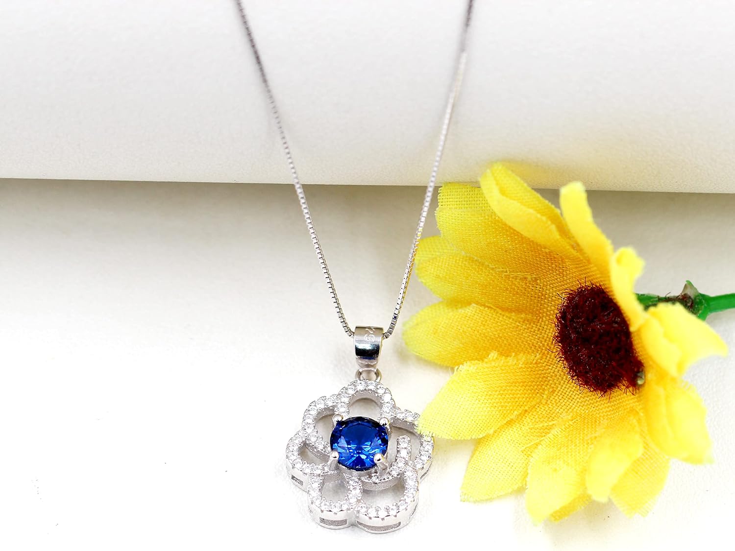 Womens Sterling Silver Blue Corundum Sapphire Birthstone Pendant Sakura Flower Design Elegant Costume Necklace FN402