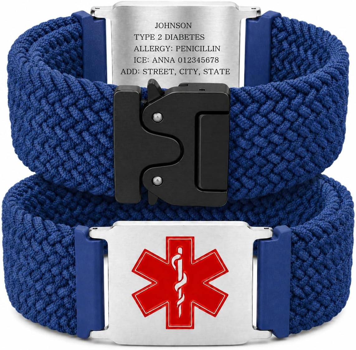 Uloveido Personalized Nylon Medical ID Bracelet with Laser-Engraved Medical Alert Tag and Dynamic QR Code, Braided Elastic Watch Band with Secure Parachute-Style Buckle, 20mm Adjustable for Men