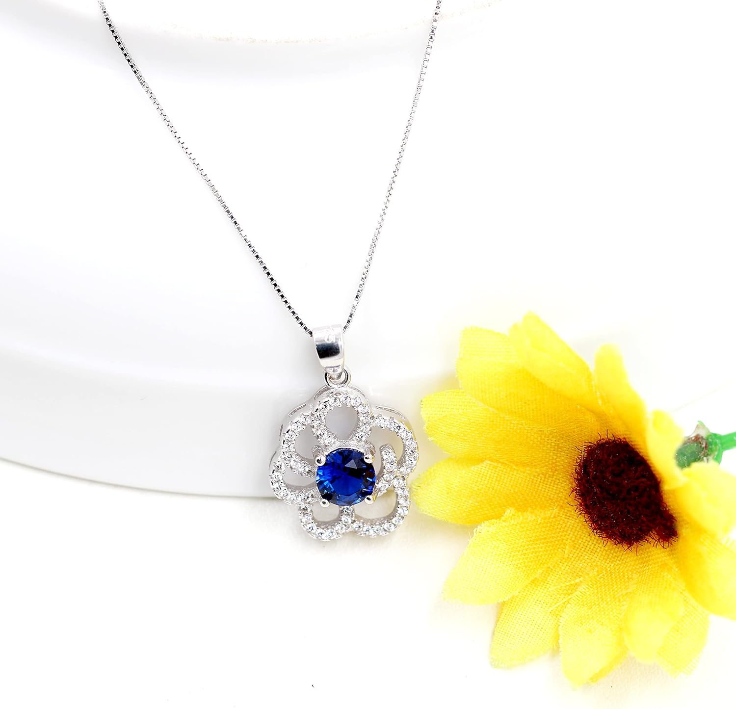 Womens Sterling Silver Blue Corundum Sapphire Birthstone Pendant Sakura Flower Design Elegant Costume Necklace FN402