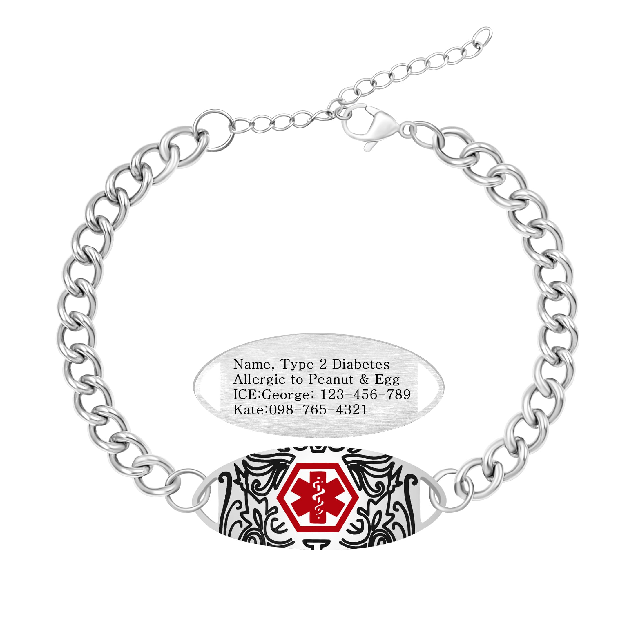 Uloveido Custom Medical ID Bracelet for Men Women | Personalized Engraved Stainless Steel Curb Link Chain Bracelet | Emergency Alert Health Information Jewelry Adjustable 20-25cm