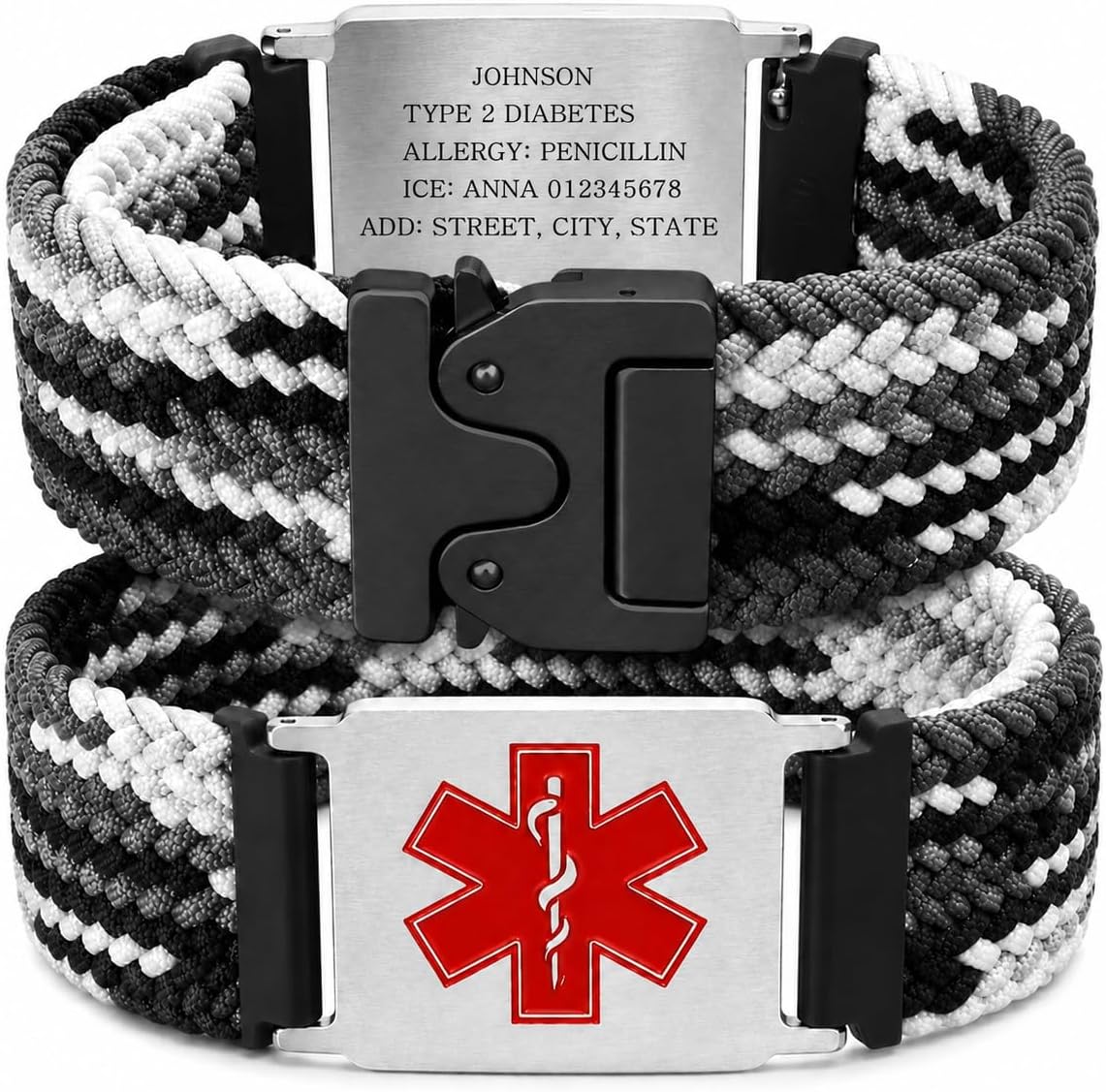 Uloveido Personalized Nylon Medical ID Bracelet with Laser-Engraved Medical Alert Tag and Dynamic QR Code, Braided Elastic Watch Band with Secure Parachute-Style Buckle, 20mm Adjustable for Men