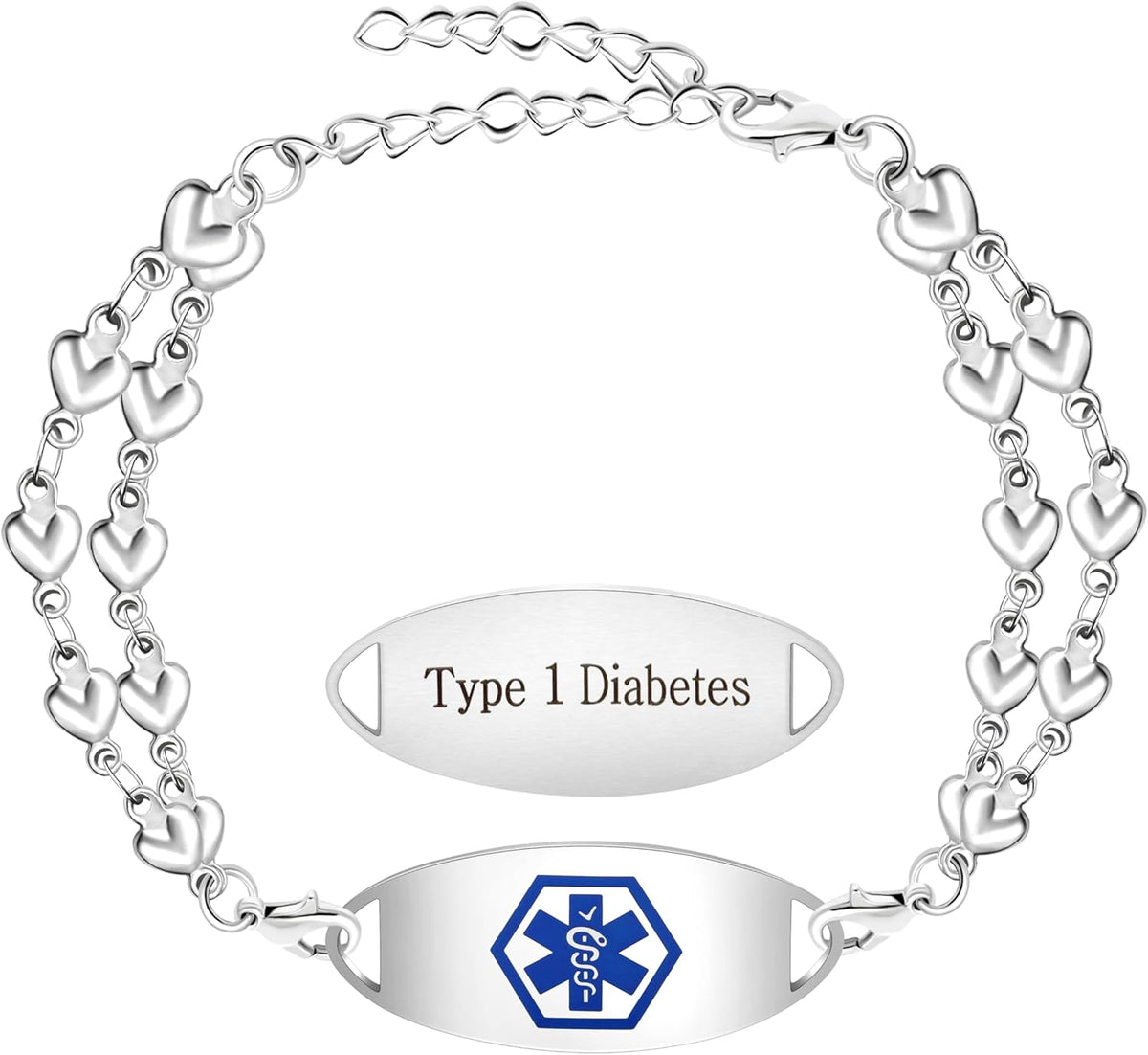 Uloveido Double Love Heart Link Bracelet - Personalized Engraved Medical Alert Jewelry for Blood Disorder, Epilepsy, Diabetes, Asthma, Mental Health, Allergy, and More