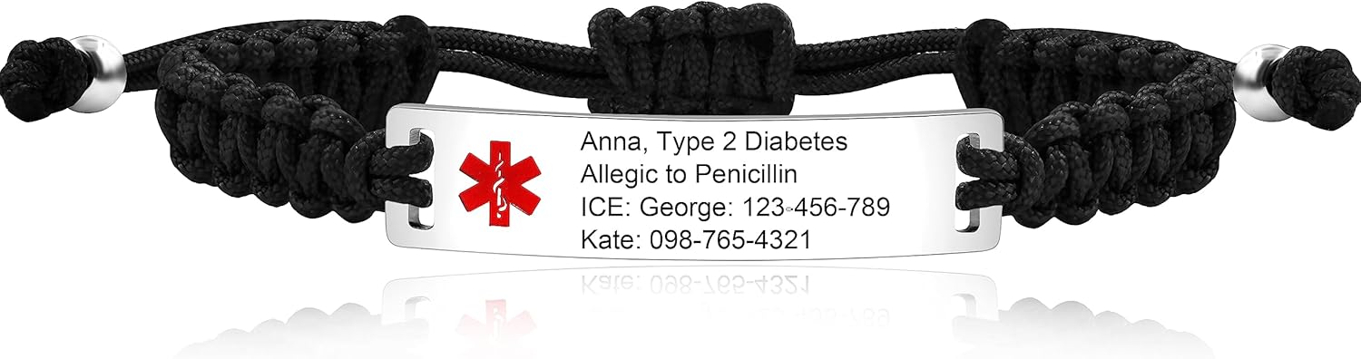 Uloveido Medical Alert ID Bracelet Laser Engraved Epilepsy Adjustable Wristband for Men Women Emergency First Aid, Handmade Braided Health Alert Engraved Bracelet Y3944
