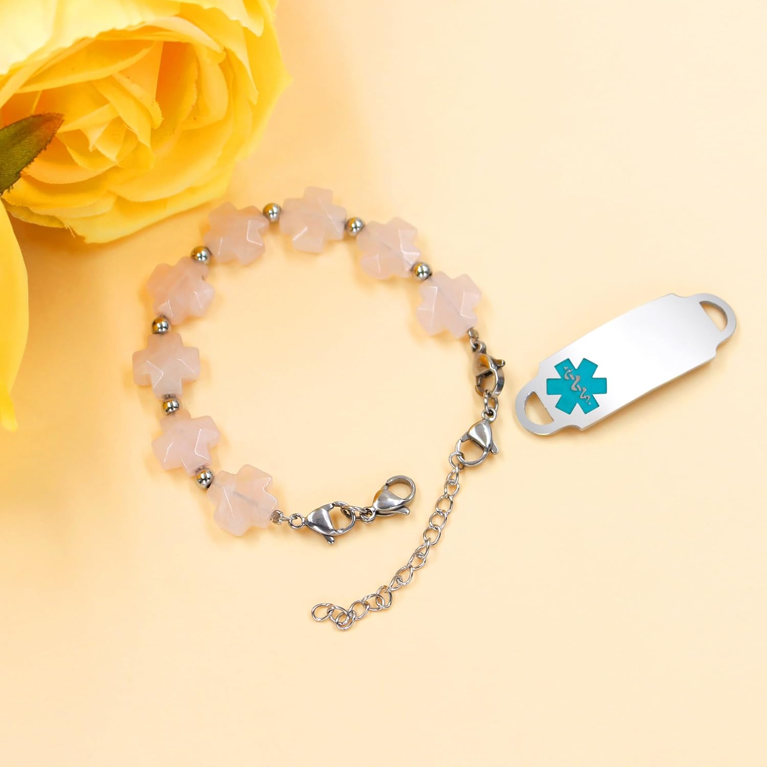 Customized Stainless Steel Medical Alert First Responder ID Tag Bracelet | Double Lobster Clasp Natural Greek Cross Stone Hospital Rescue Bracelet with Rod of Asclepius for Life-Saving
