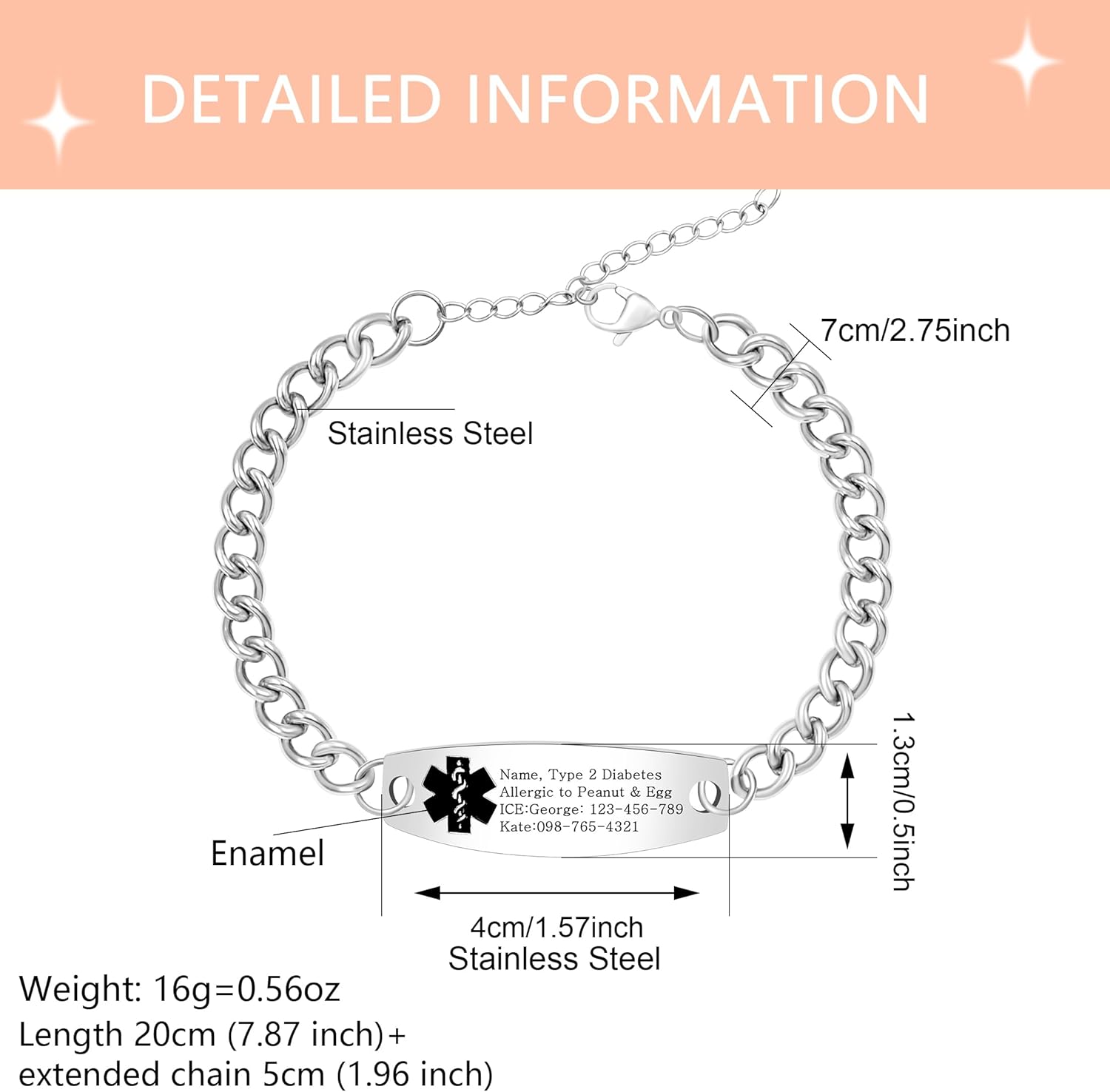 Uloveido Custom Medical ID Bracelet for Men Women, Personalized Engraved Stainless Steel Curb Link Chain Emergency Alert Jewelry, Adjustable Size Fits Adult Wrists (21cm+5cm)