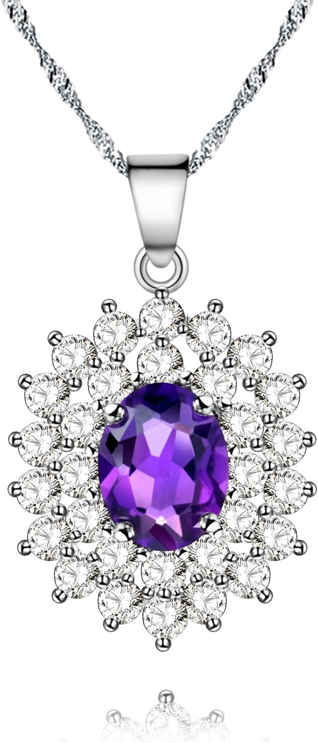 Uloveido Women's Natural Purple Amethyst Gemston Halo Kate Middleton's Princess Diana Engagement Pendant Necklace 925 Sterling Silver Chain (0.8ct, Gift Box Packing) CN002