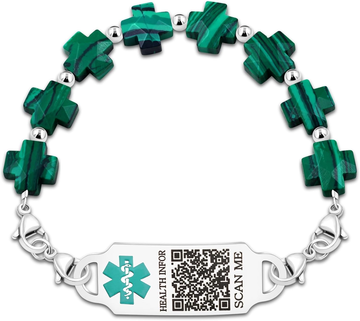 Customized Stainless Steel Medical Alert First Responder ID Tag Bracelet | Double Lobster Clasp Natural Greek Cross Stone Hospital Rescue Bracelet with Rod of Asclepius for Life-Saving
