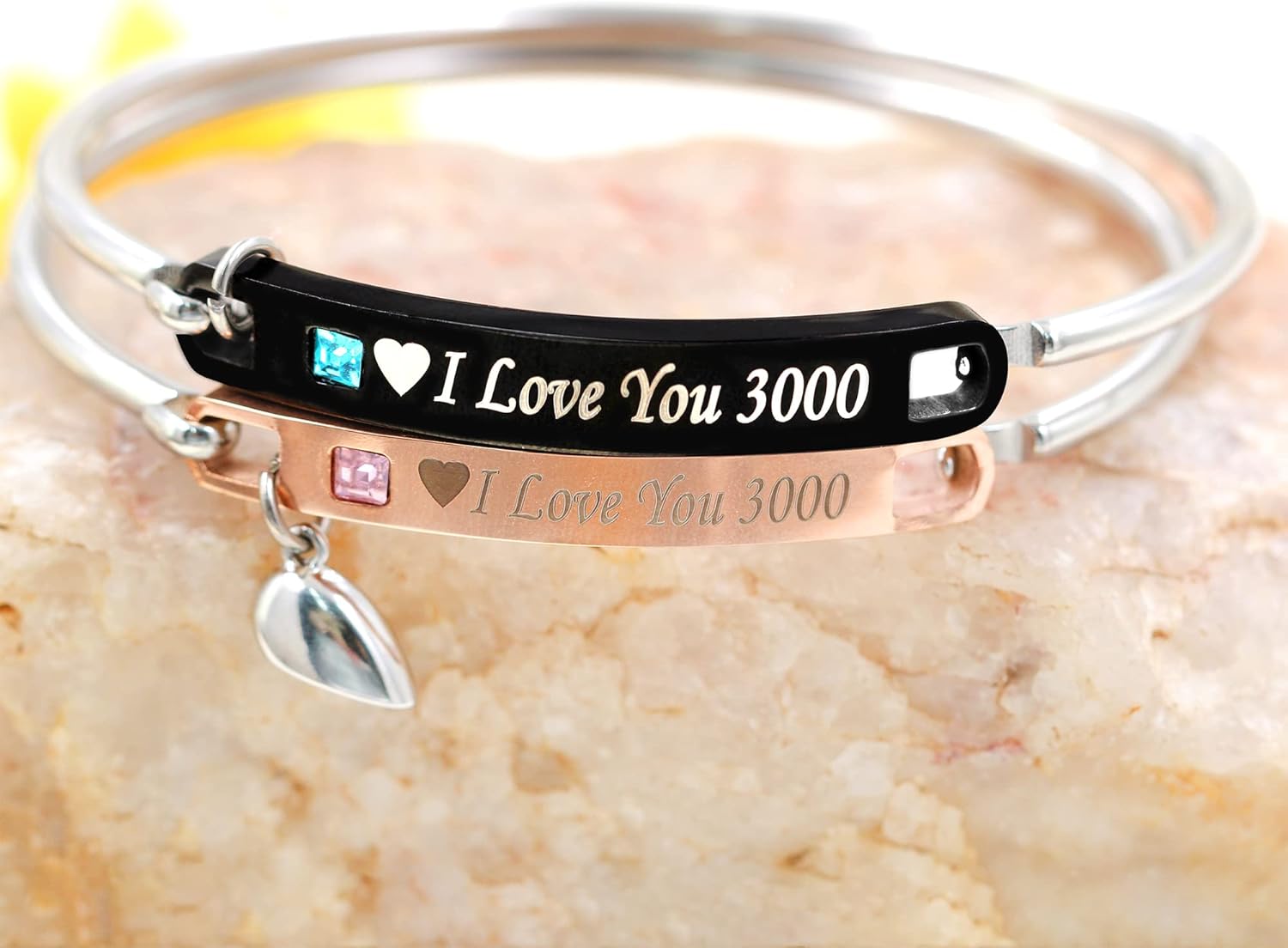 Uloveido His and Hers Matching Cuff Bracelet Set, Stainless Steel Couple Bangle with Cubic Zirconia, Black Men’s Bracelet & Rose Gold Women’s Bracelet, Custom Engraved Relationship Jewelry