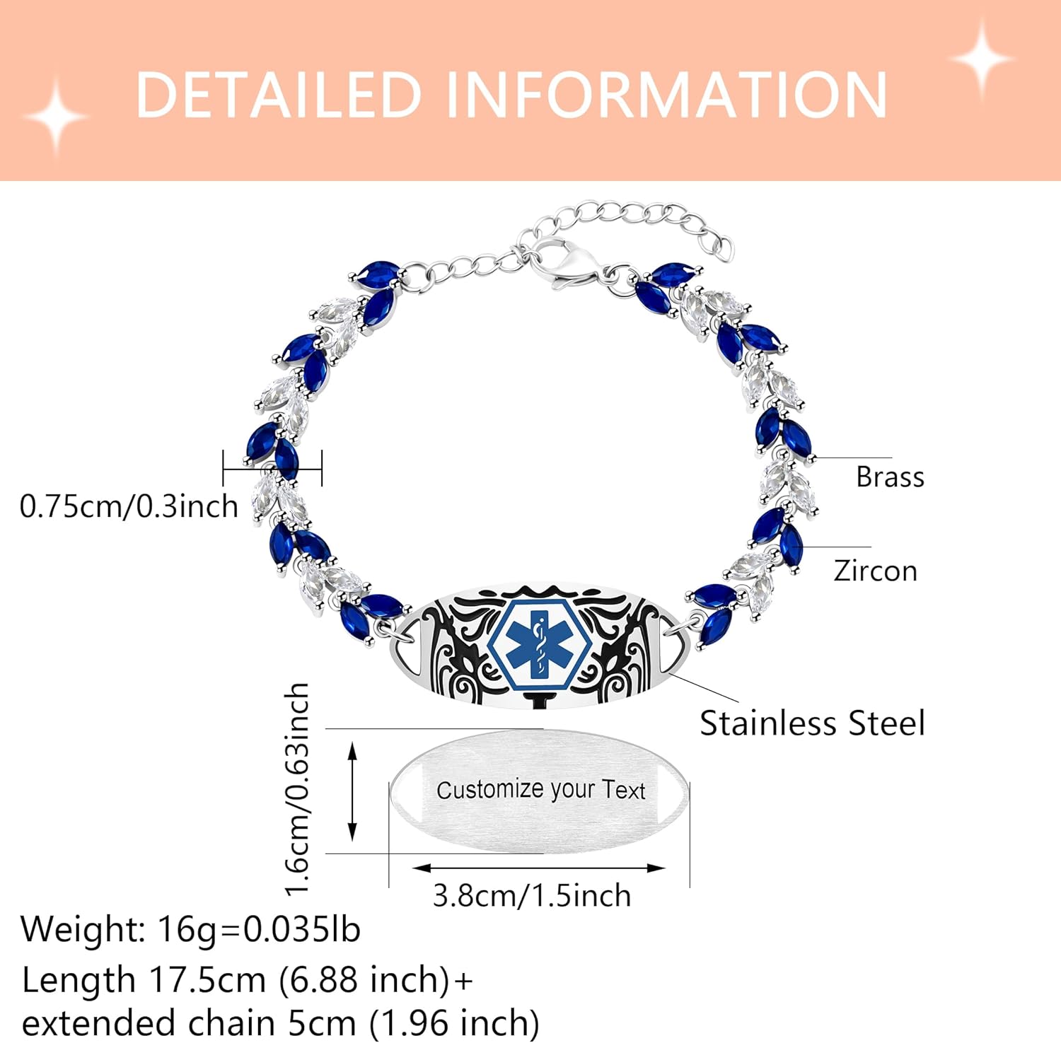 Dynamic QR Code Medical ID Bracelet for Women, Stainless Steel Copper CZ Medical Alert Jewelry, No Engraving Required, Scan to Update Health Info, Emergency Contact Allergy Bracelet