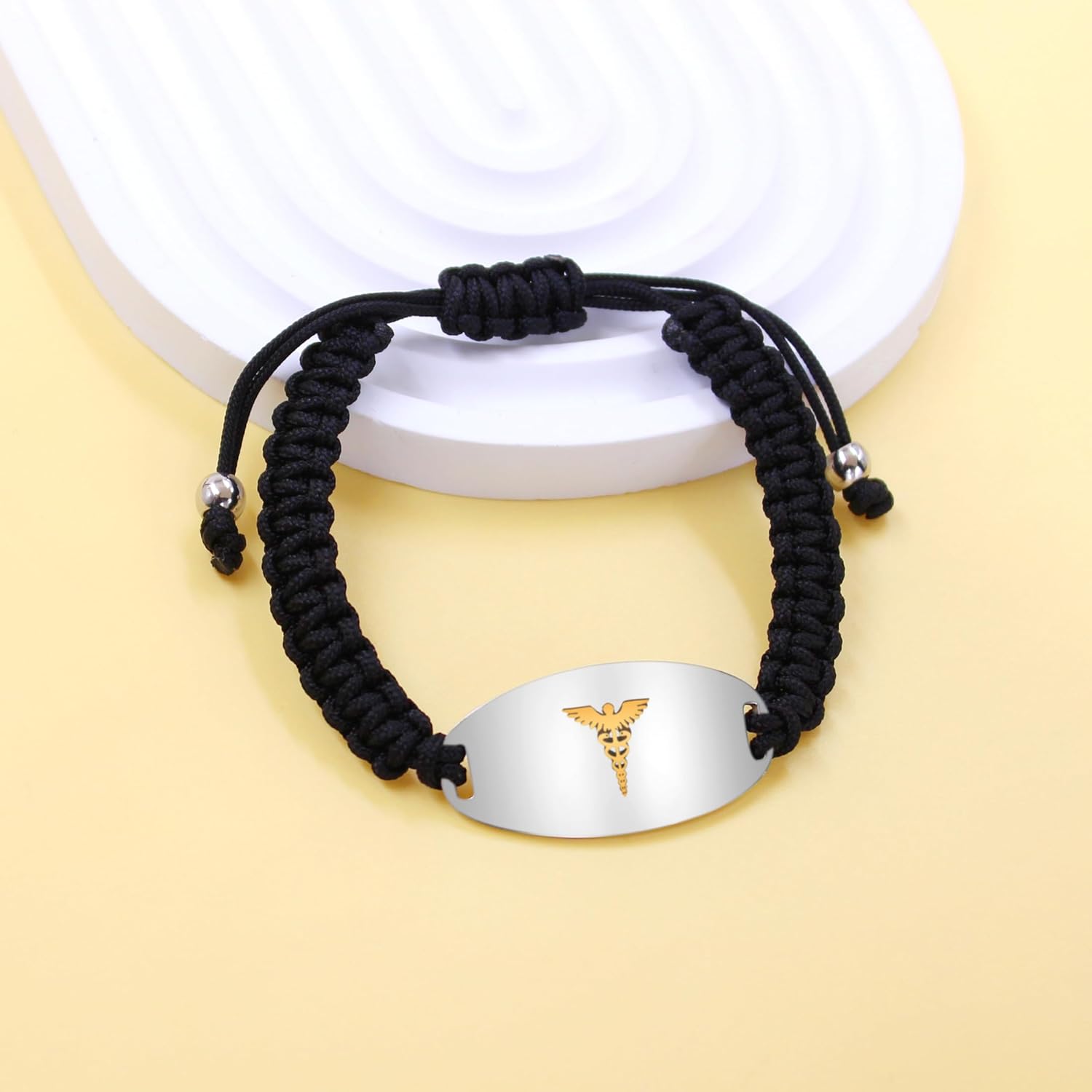 Uloveido Medical Alert Bracelet with Dynamic QR Code and Text Engraving Stainless Steel ID Plate with Floating Golden Caduceus Adjustable Black Braided Rope Emergency Medical ID for Men Women