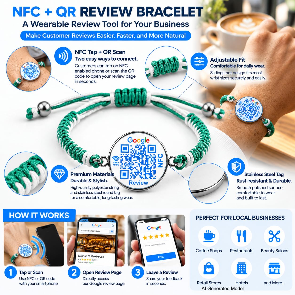 Uloveido NFC QR Bracelet for Google Reviews, Staff Review Wristband