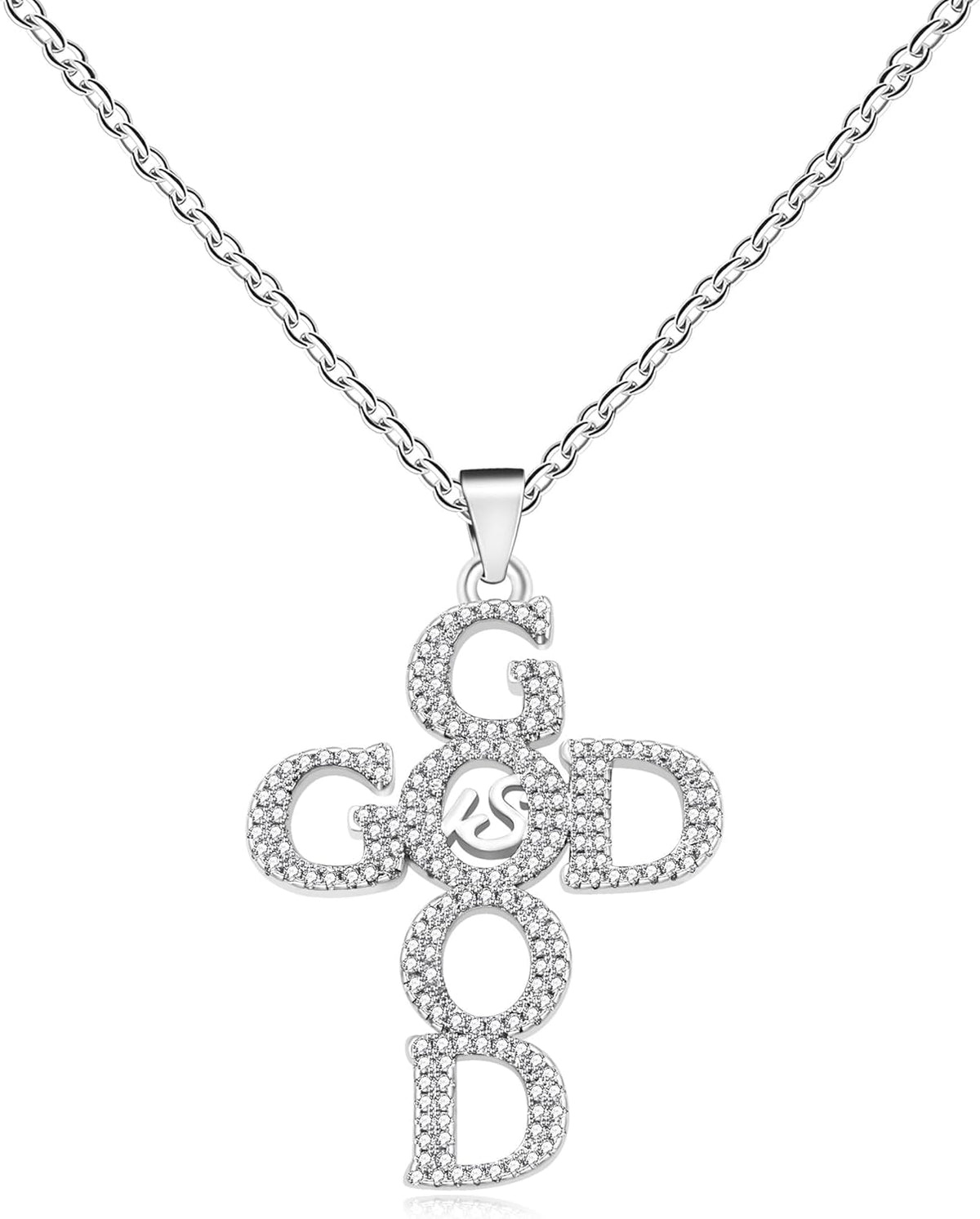 GOD Is Good Cross Necklace for Women, Rose Gold & Platinum Plated CZ Faith Pendant, Micro Pave Cubic Zirconia Inspirational Christian Jewelry with Adjustable Stainless Steel Chain 45+5cm