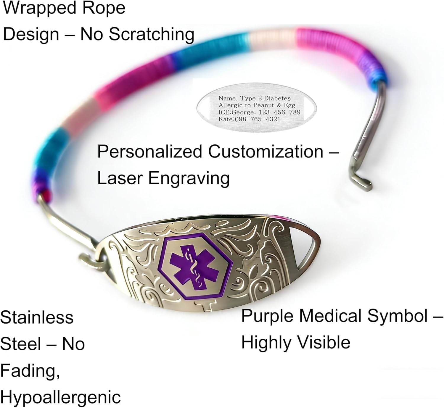 Stainless Steel Medical Alert Bracelet with Purple Symbol, Adjustable Rope Wrapped ID Bracelet, Laser Engraved or Dynamic QR Code, Allergy Emergency Contact Health Information Wristband for Women Men