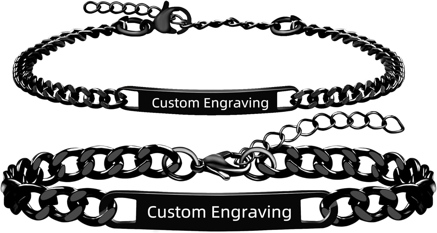 Uloveido 2PCS Personalized Couple Chain Bracelets, Custom Engraved Stainless Steel His and Hers Matching Bracelets for Men Women, Adjustable Jewelry Gift with Rose Box YA5889