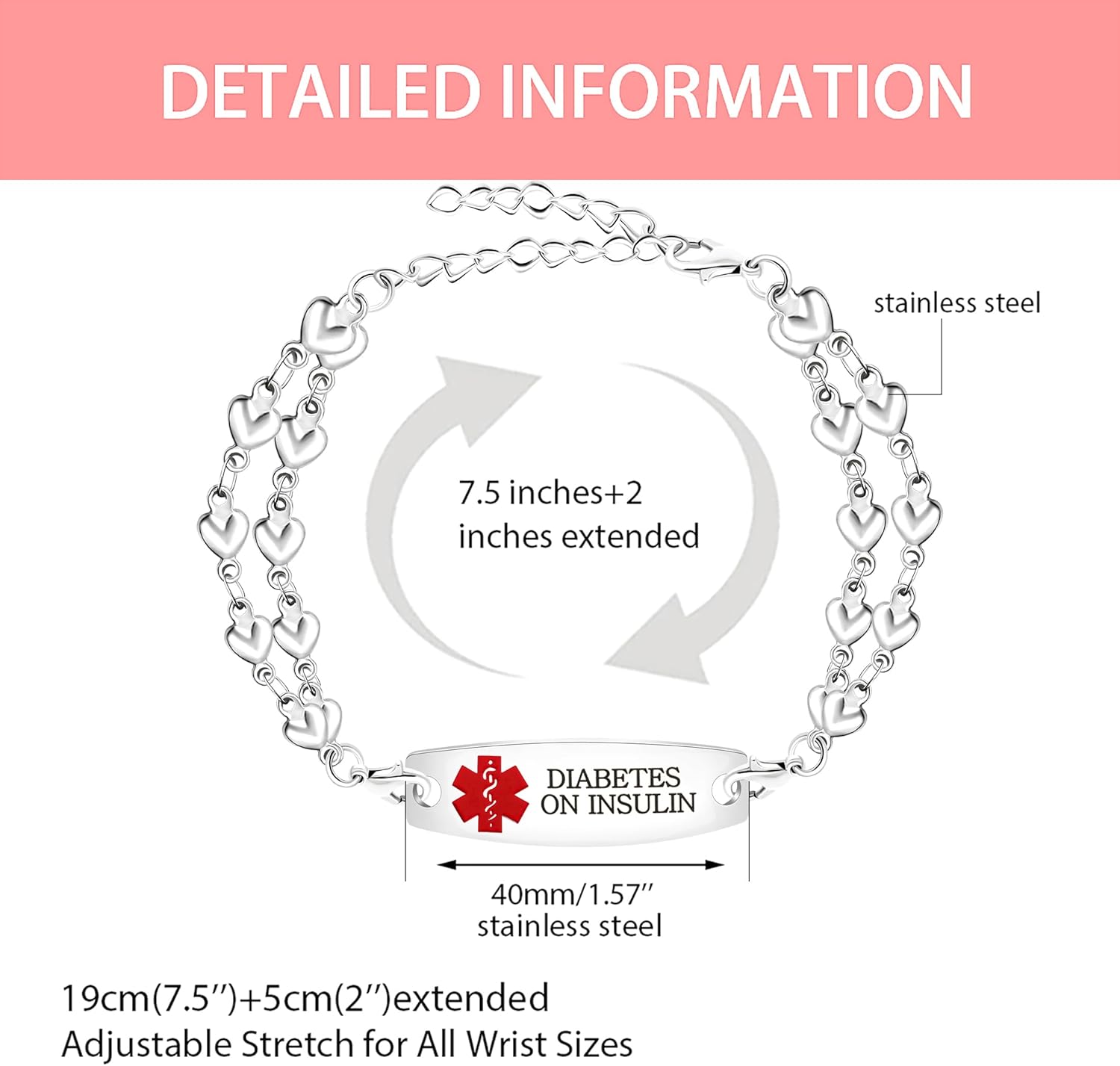 Uloveido Heart Medical ID Bracelet for Women, Double Chain Stainless Steel Emergency Info Wristband, Dynamic QR Code or Personalized Engraving, Adjustable Safety Jewelry for Daily Wear