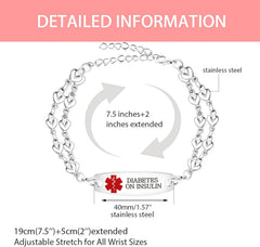 Uloveido Heart Medical ID Bracelet for Women, Double Chain Stainless Steel Emergency Info Wristband, Dynamic QR Code or Personalized Engraving, Adjustable Safety Jewelry for Daily Wear