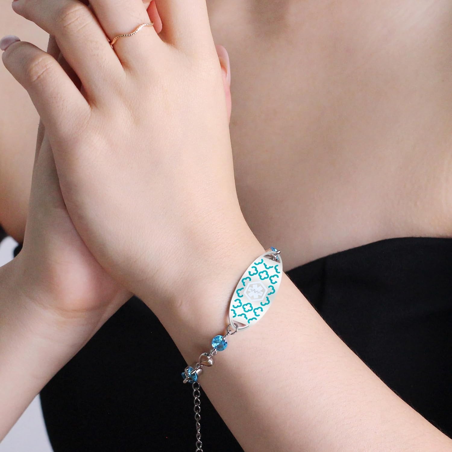 Uloveido Custom Medical ID Bracelet with Blue Cubic Zirconia | Elegant Floral Enamel Design | Adjustable QR Code & Engraved Emergency Contact Bracelet for Women and Travelers