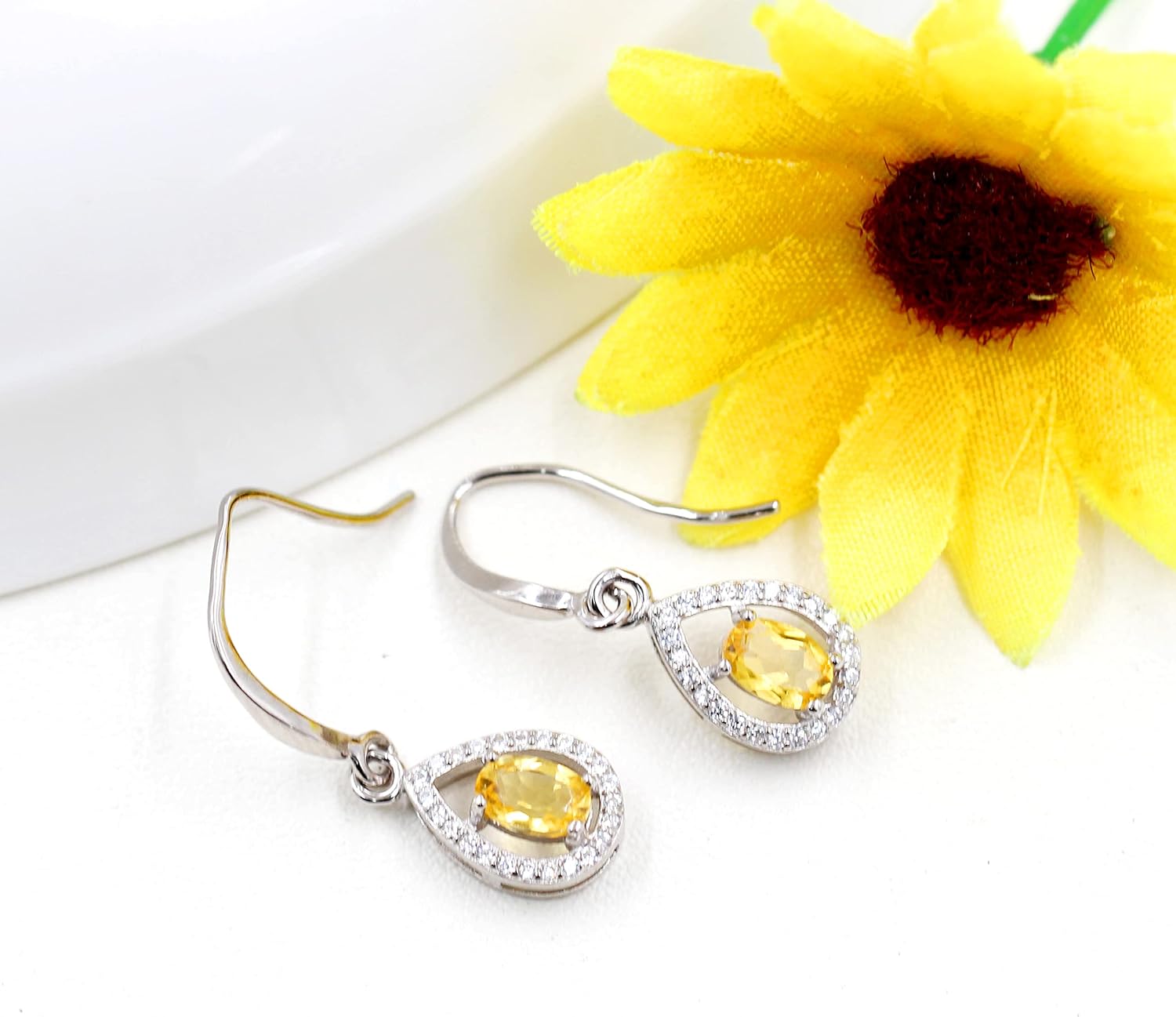 925 Sterling Silver Oval Cut Citrine Earrings Yellow Crystal Teardrop Earrings Wedding Promise for Women FR027 (Citrine)