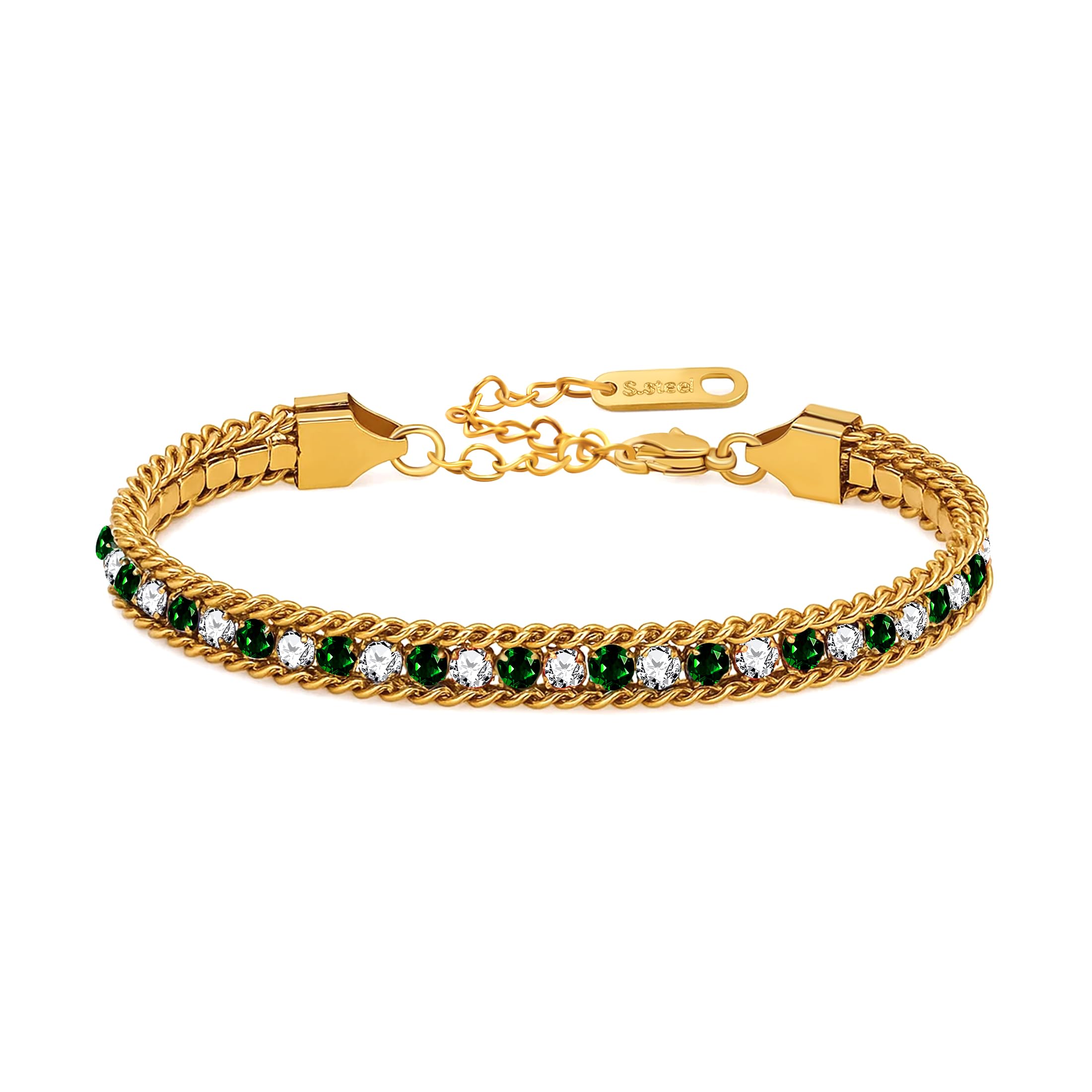 Golden Plated Stainless Steel Tennis Bracelet for Women, Colorful Cubic Zirconia 0.6cm Wide Elegant Jewelry for Mom Wife Christmas Thanksgiving YA6106