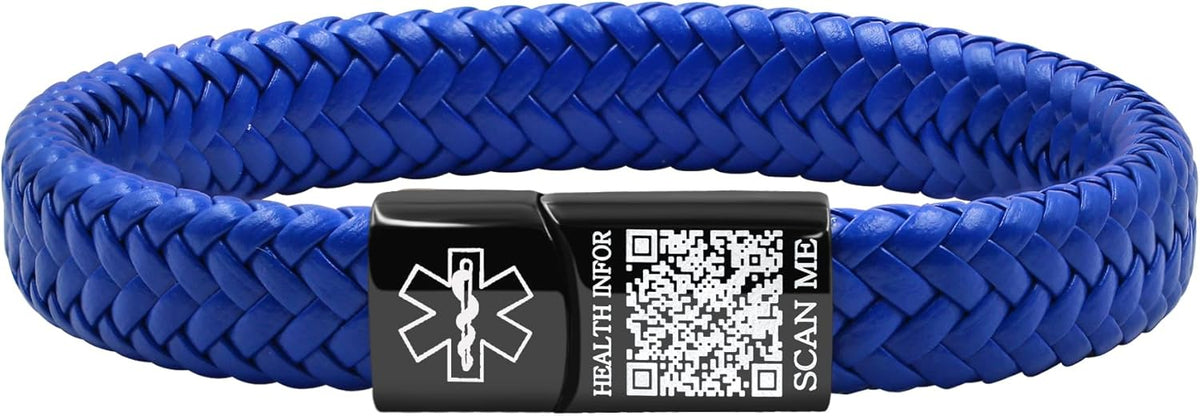 Dynamic QR Code Medical Alert Bracelet for Men Women No Medical Info Needed at Checkout PU Leather Emergency ID Cuff Bracelet Black Stainless Steel Clasp Scan to Update Health Info YA5551