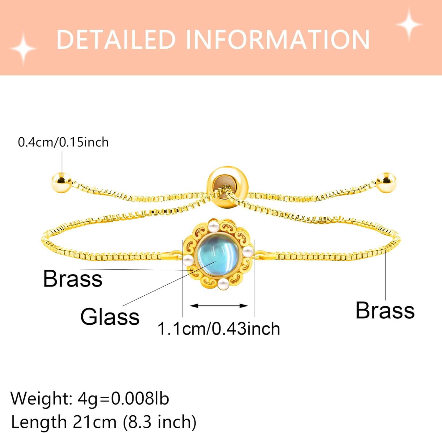 Uloveido Elegant Gold Brass Bracelet – Engraved Glass Floral Charm, Adjustable Chain | Stylish Positive Energy Jewelry, Perfect for Everyday Wear & Friendship