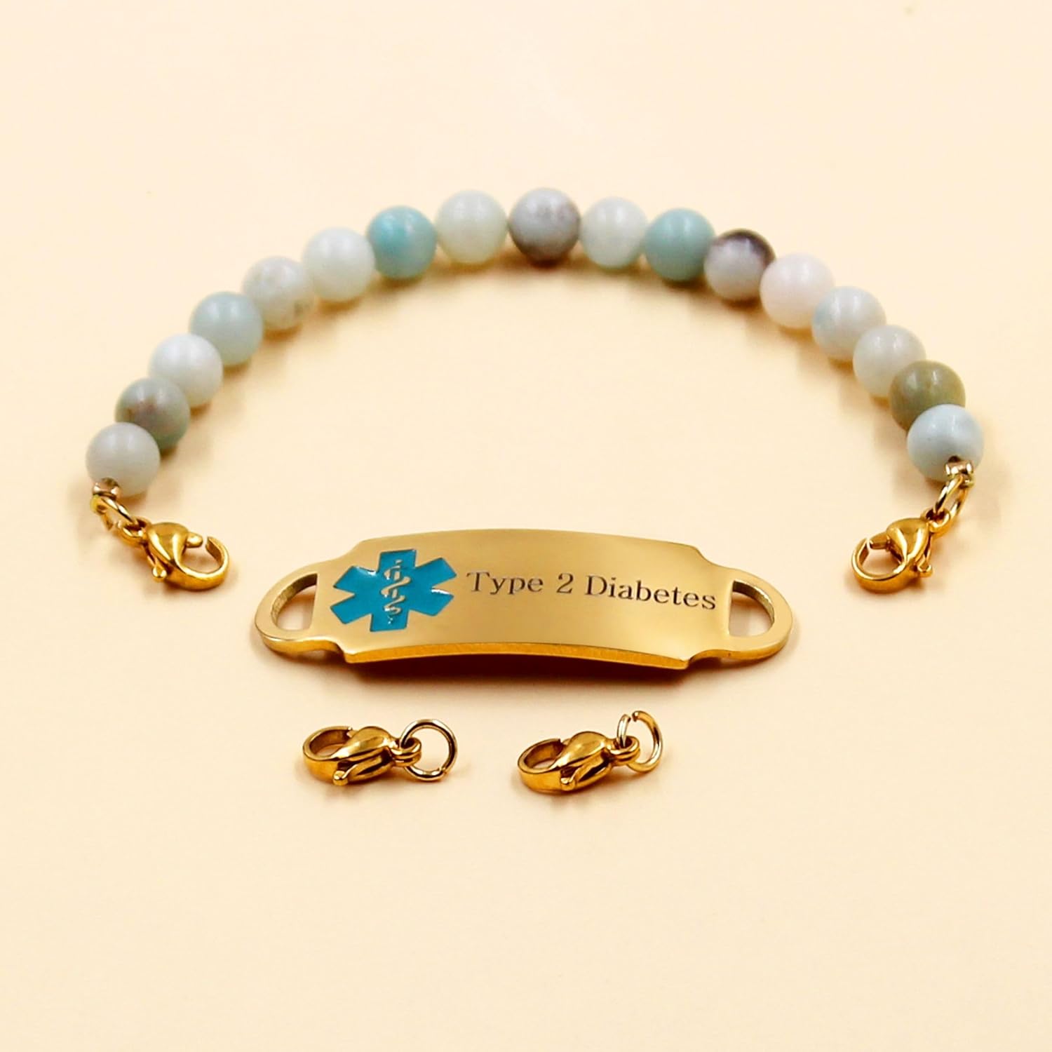 Exquisite Elastic Alert Bracelet for Women, Custom Medical ID Bracelet with Stainless Steel Tag & 6mm Natural Amazon Stone Chain, Secure Fit for Birthdays, Holidays, Family Gatherings