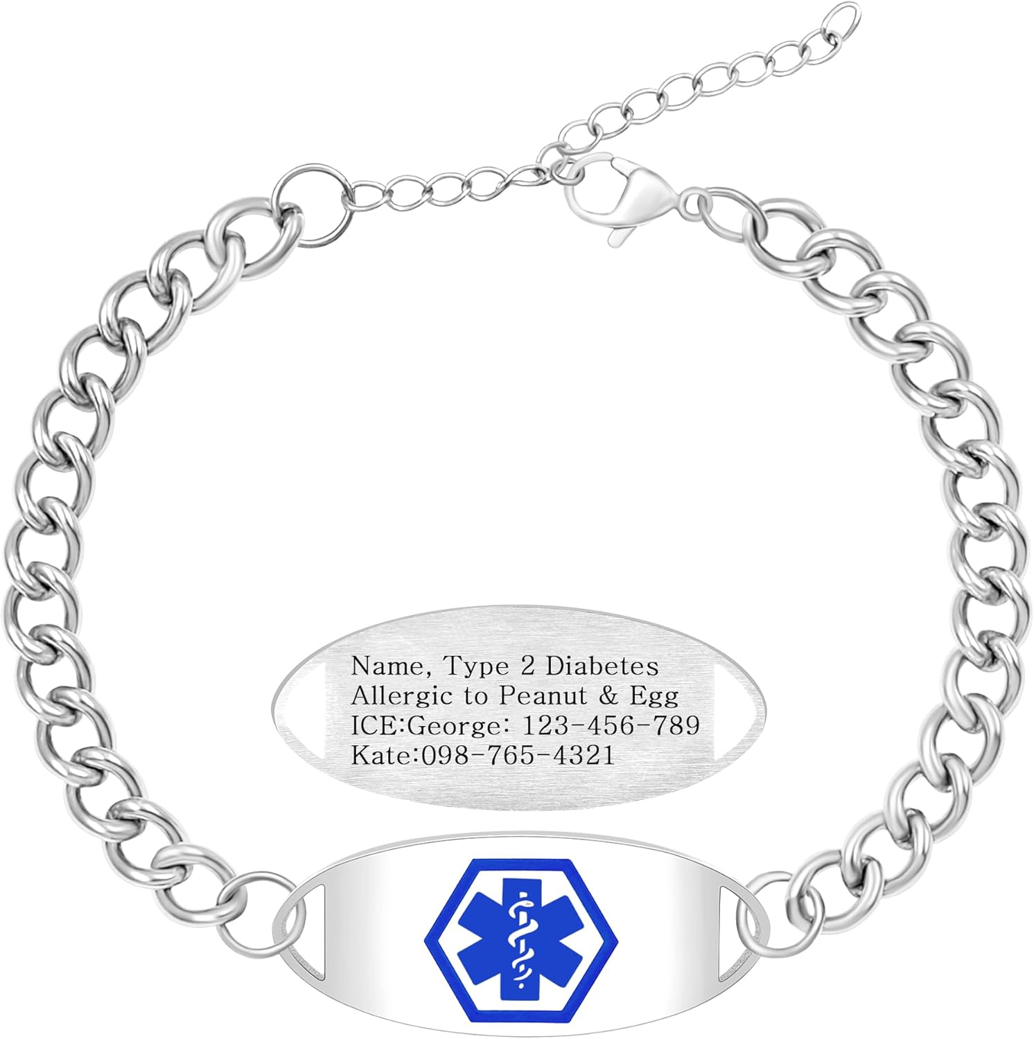 Uloveido Custom Medical ID Stainless Steel Curb Link Chain Bracelet for Men and Women – Personalized Engraved Emergency Alert Health Information Jewelry
