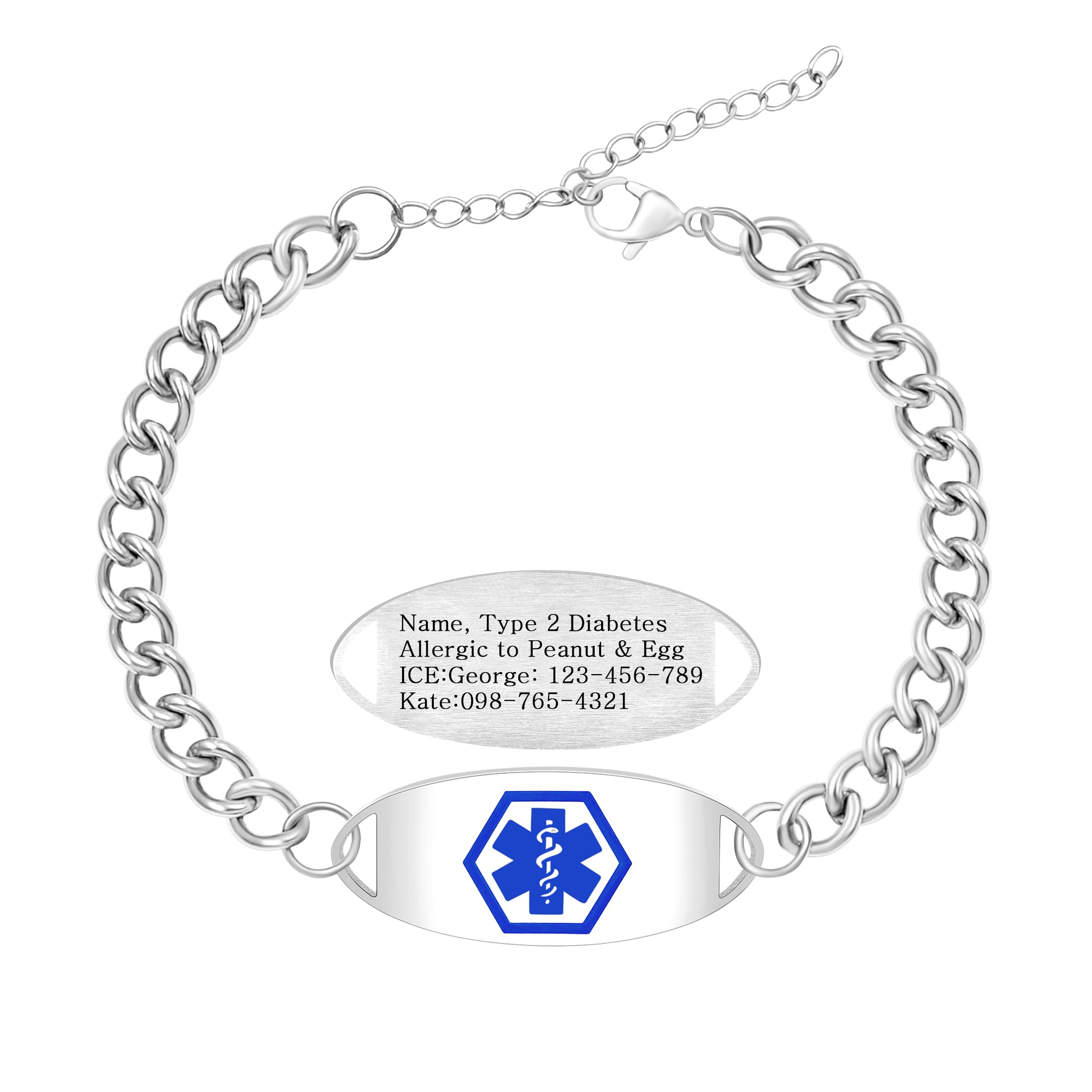 Uloveido Personalized Medical Alert Bracelet for Men Women | Double-Sided Engraved Stainless Steel Curb Link Chain ID Bracelet | Custom Emergency Health Info Jewelry