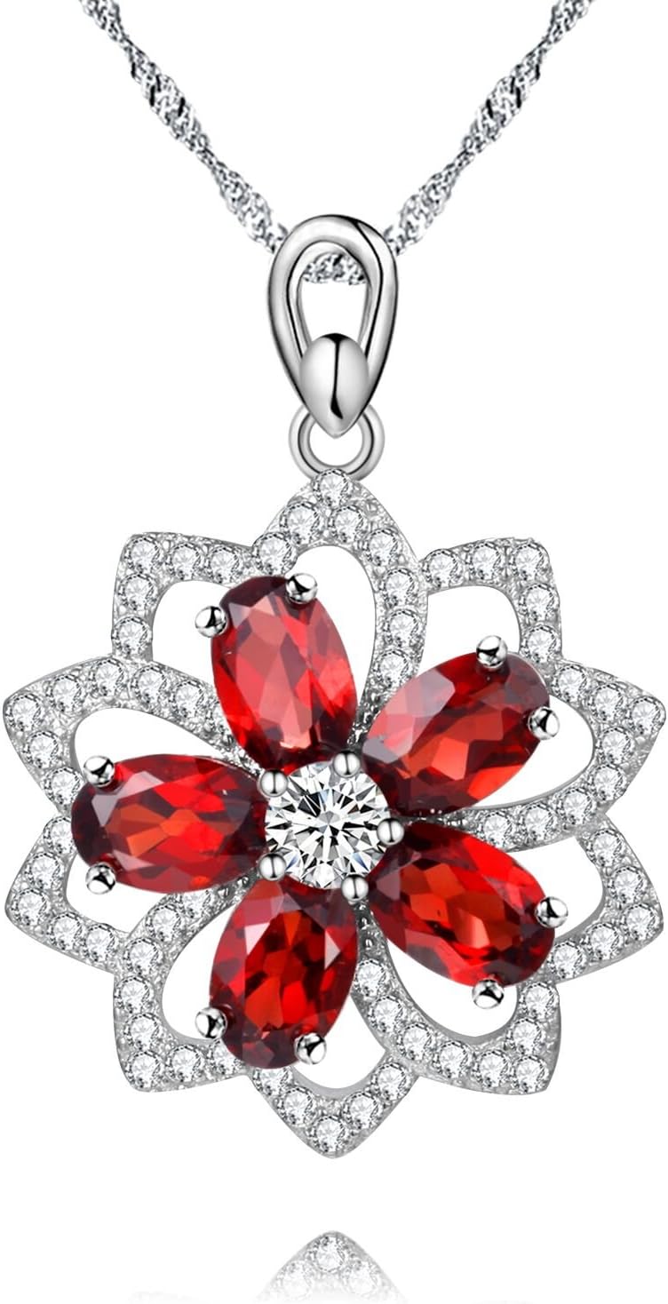 Uloveido 925 Sterling Silver Natural Garnet 2.5CT Red Flower Hollow Necklace Pendant for Women Wedding CN004