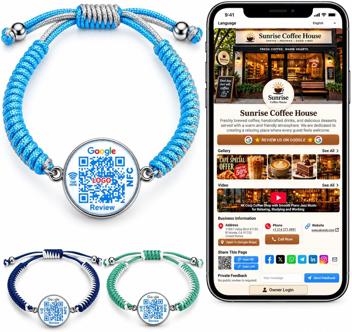Uloveido NFC QR Bracelet for Google Reviews, Staff Review Wristband