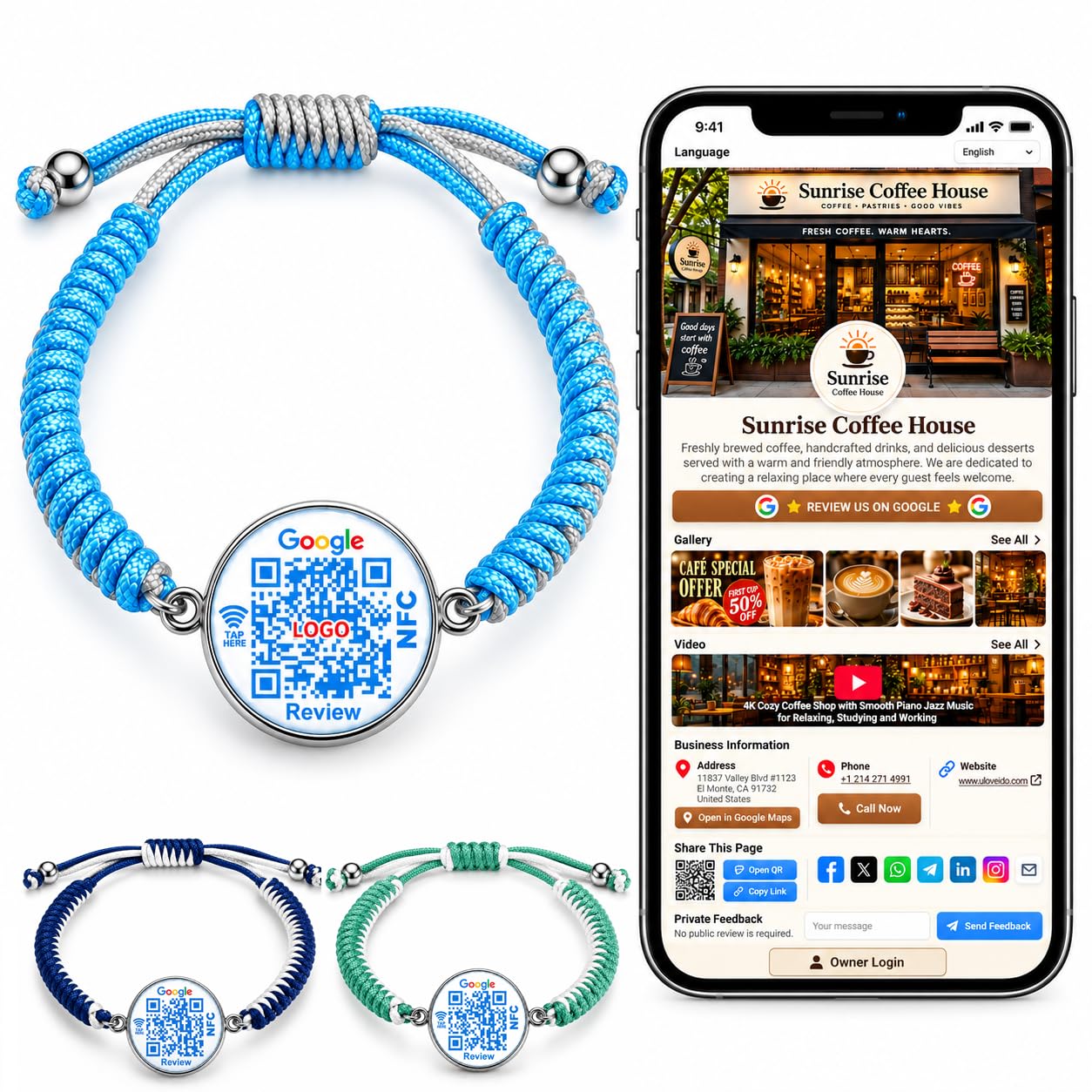 Uloveido NFC QR Bracelet for Google Reviews, Staff Review Wristband