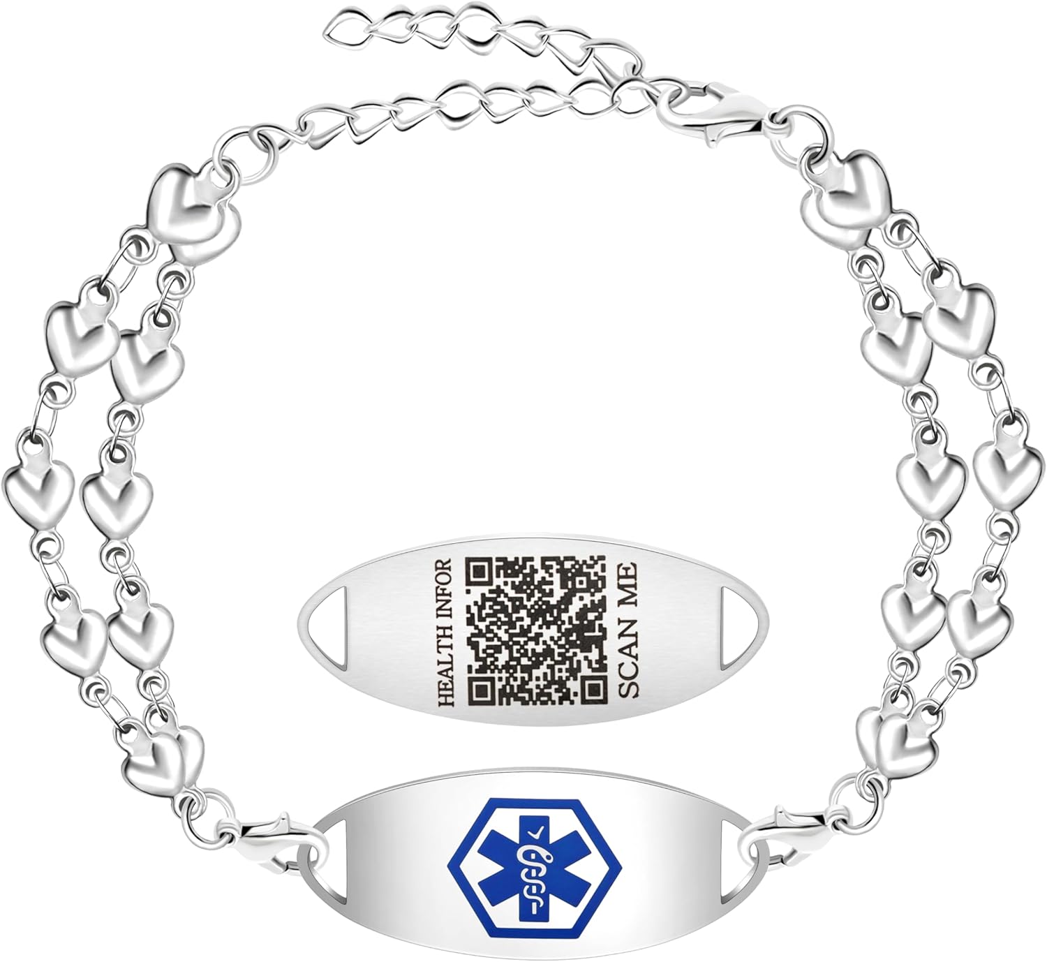 Uloveido Double Love Heart Link Bracelet - Personalized Engraved Medical Alert Jewelry for Blood Disorder, Epilepsy, Diabetes, Asthma, Mental Health, Allergy, and More