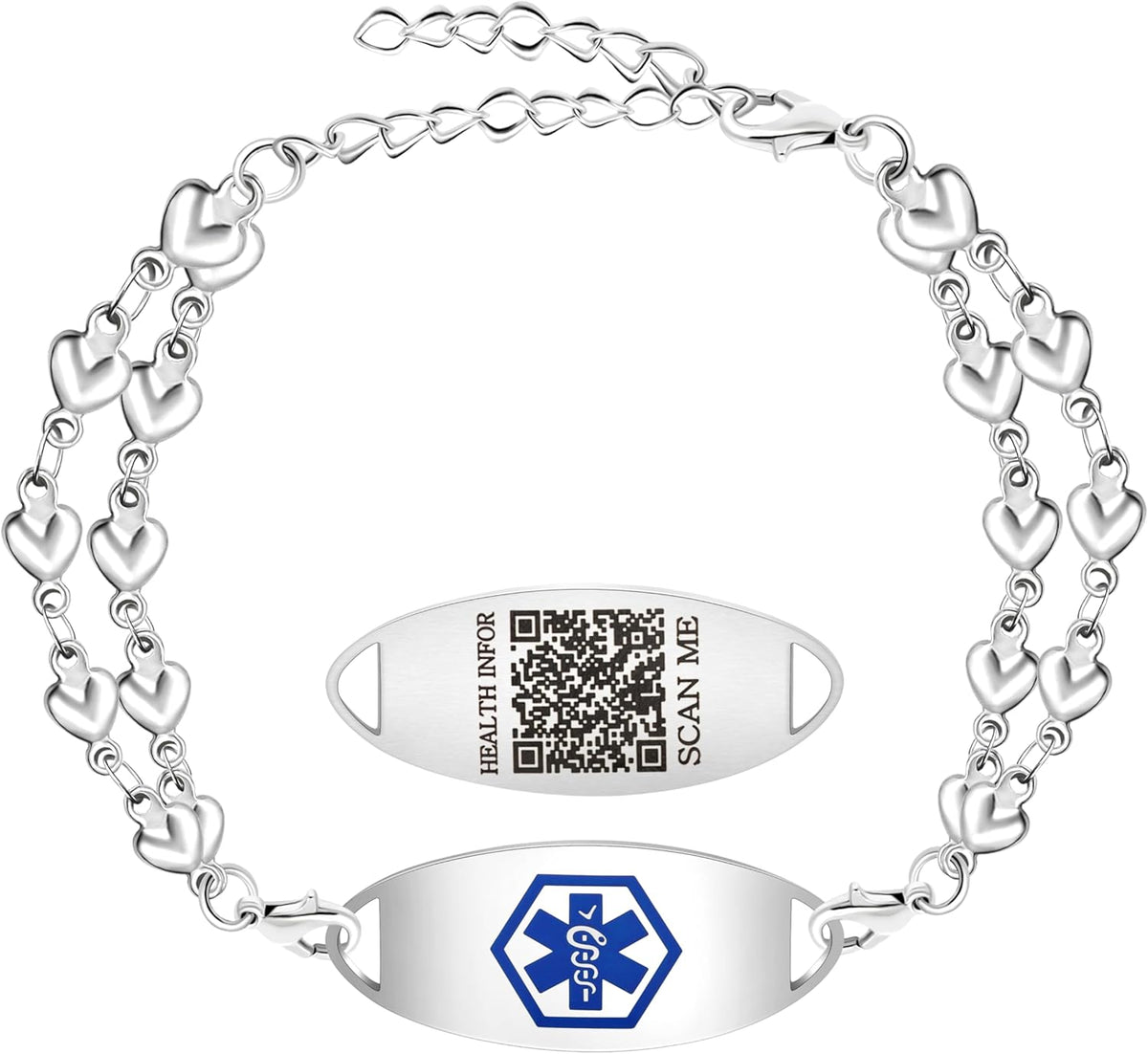 Uloveido Double Love Heart Link Bracelet - Personalized Engraved Medical Alert Jewelry for Blood Disorder, Epilepsy, Diabetes, Asthma, Mental Health, Allergy, and More