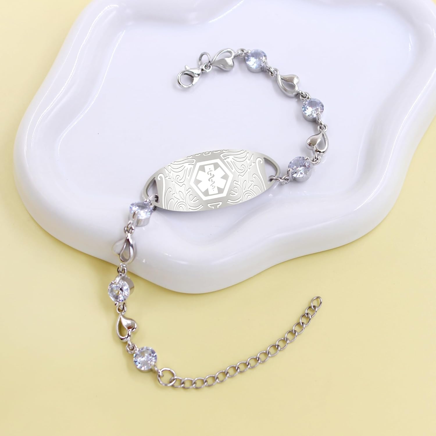 Uloveido Custom Medical ID Bracelet with White Cubic Zirconia | Elegant Floral Enamel Design | Adjustable QR Code & Engraved Emergency Contact EMS Bracelet for Women and Travelers