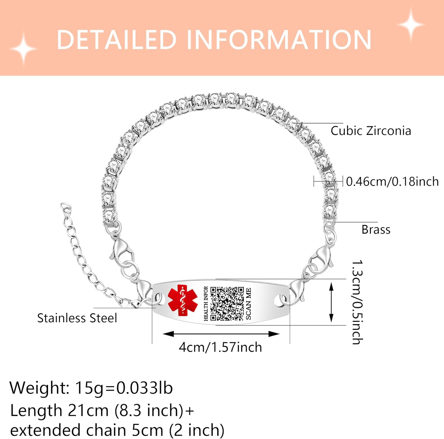 Uloveido Editable QR Code Medical Alert Tennis Bracelet for Women, Silver & Golded Color Options, Personalized Scannable Health ID Jewelry, Custom Emergency Info Wristband