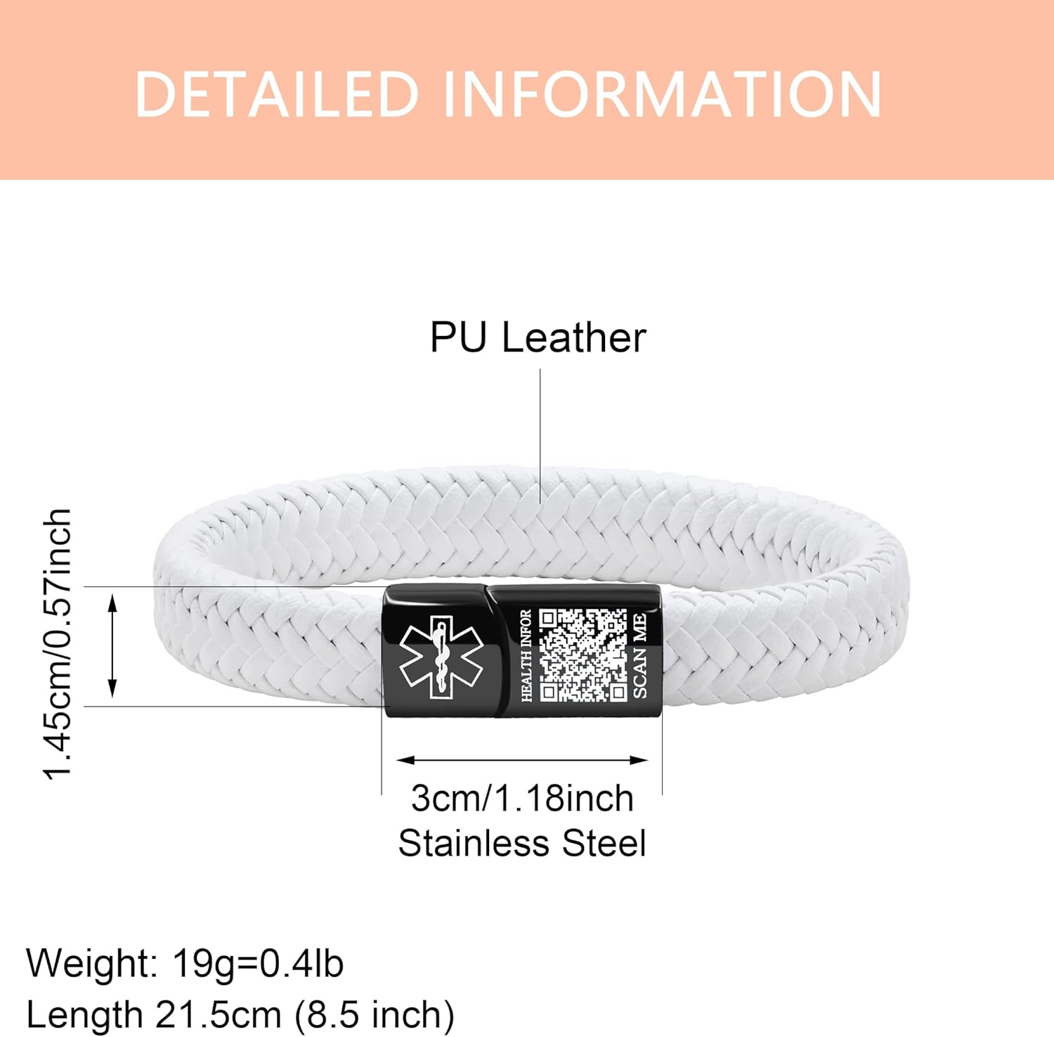 Dynamic QR Code Medical Alert Bracelet for Men Women No Medical Info Needed at Checkout PU Leather Emergency ID Cuff Bracelet Black Stainless Steel Clasp Scan to Update Health Info YA5551