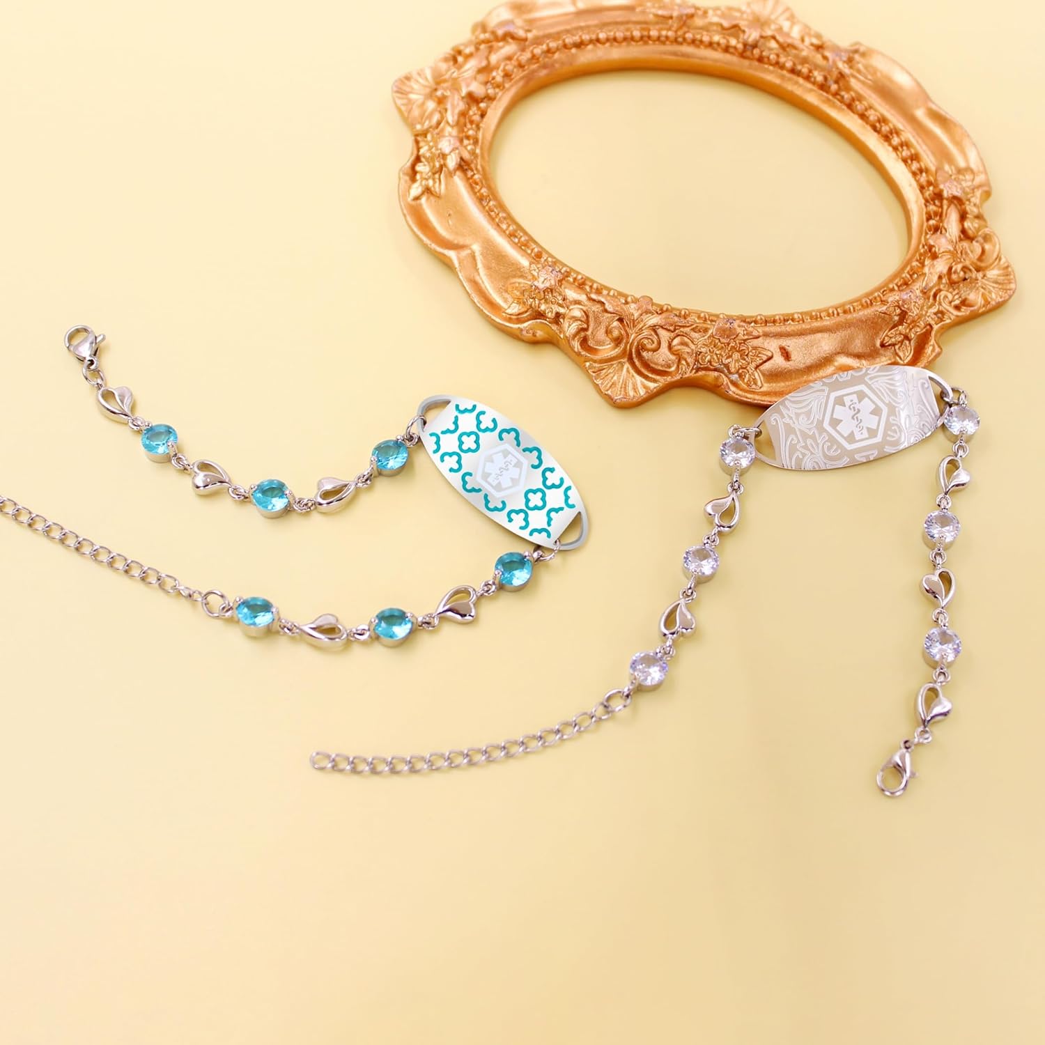 Uloveido Custom Medical ID Bracelet with Blue Cubic Zirconia | Elegant Floral Enamel Design | Adjustable QR Code & Engraved Emergency Contact Bracelet for Women and Travelers