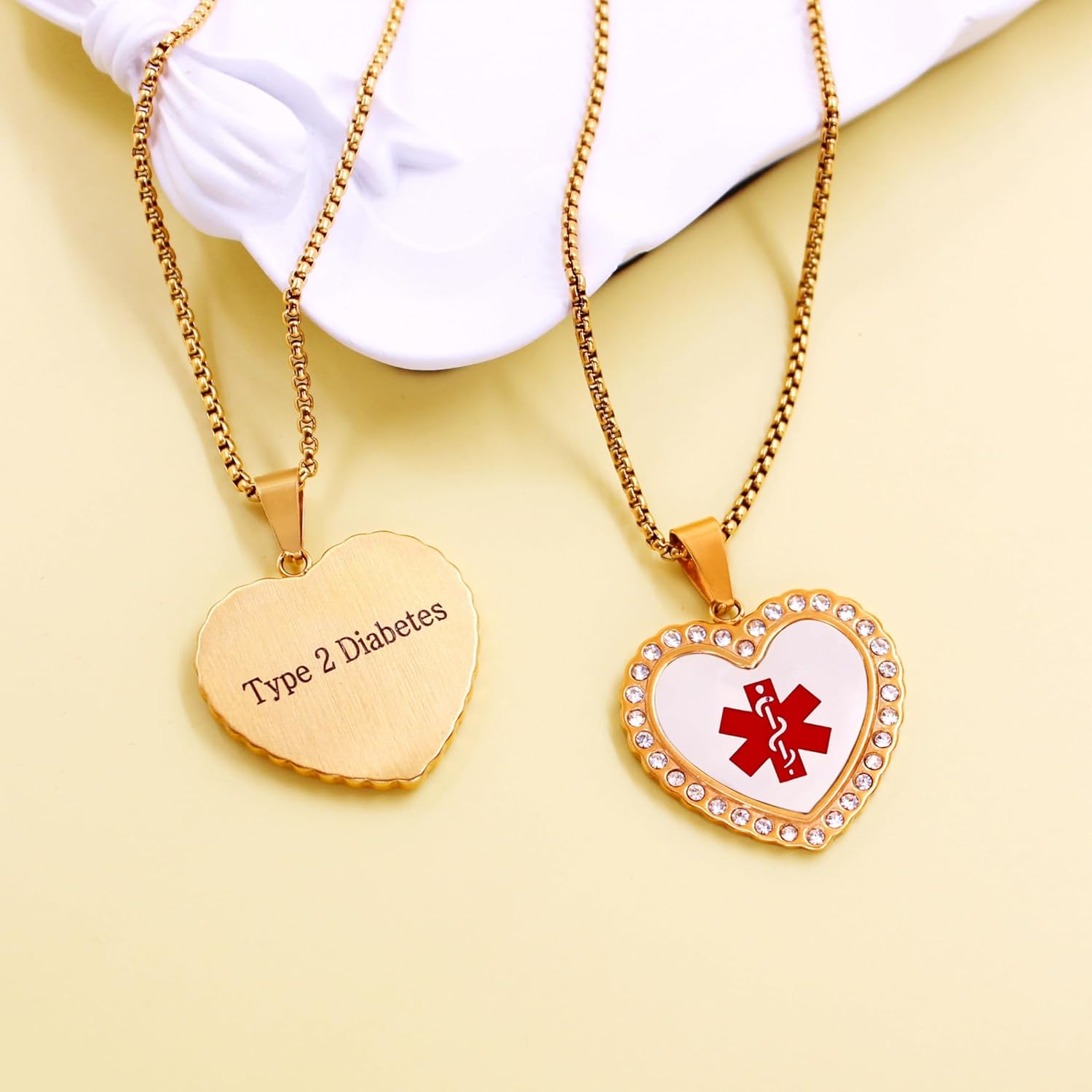 Uloveido Free Engraving Medical Alert Necklace – Heart-Shaped Gold-Plated Pendant with Zircon Accents, Custom Medical ID Jewelry, Allergy-Safe 50cm Chain, Unisex for Seniors, Sports, and Active Lifestyle