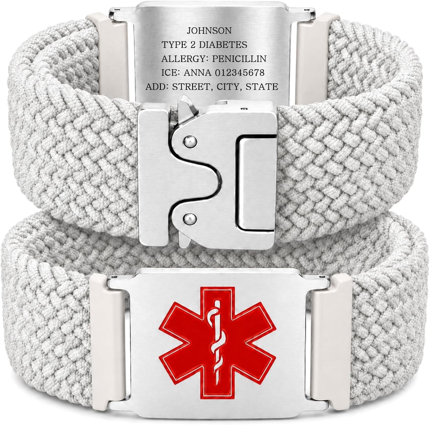 Uloveido Personalized Nylon Medical ID Bracelet with Laser-Engraved Medical Alert Tag and Dynamic QR Code, Braided Elastic Watch Band with Secure Parachute-Style Buckle, 20mm Adjustable for Men