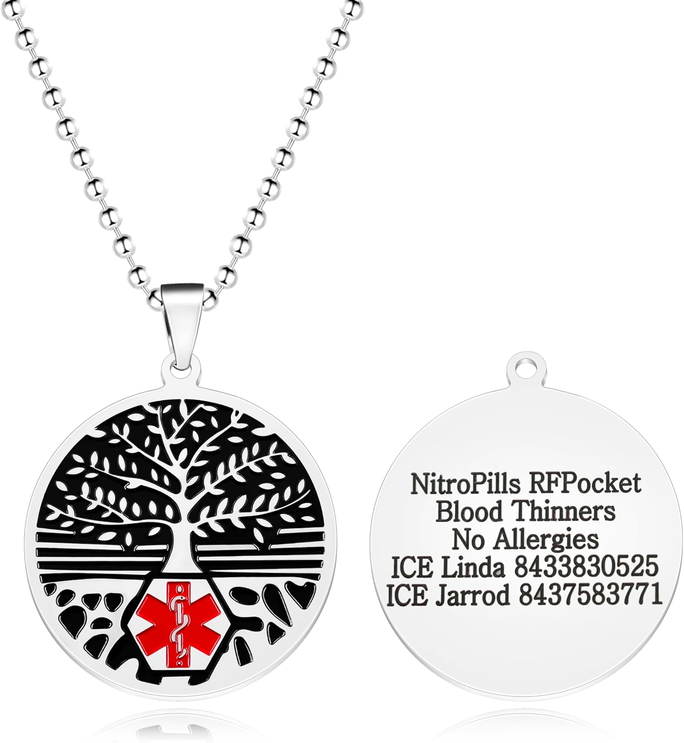 Red Medical Symbol ID Necklace, Custom Emergency Info Pendant, Stainless Steel Life Tree Medical Jewelry, Personalized Health Alert for Women YA5053