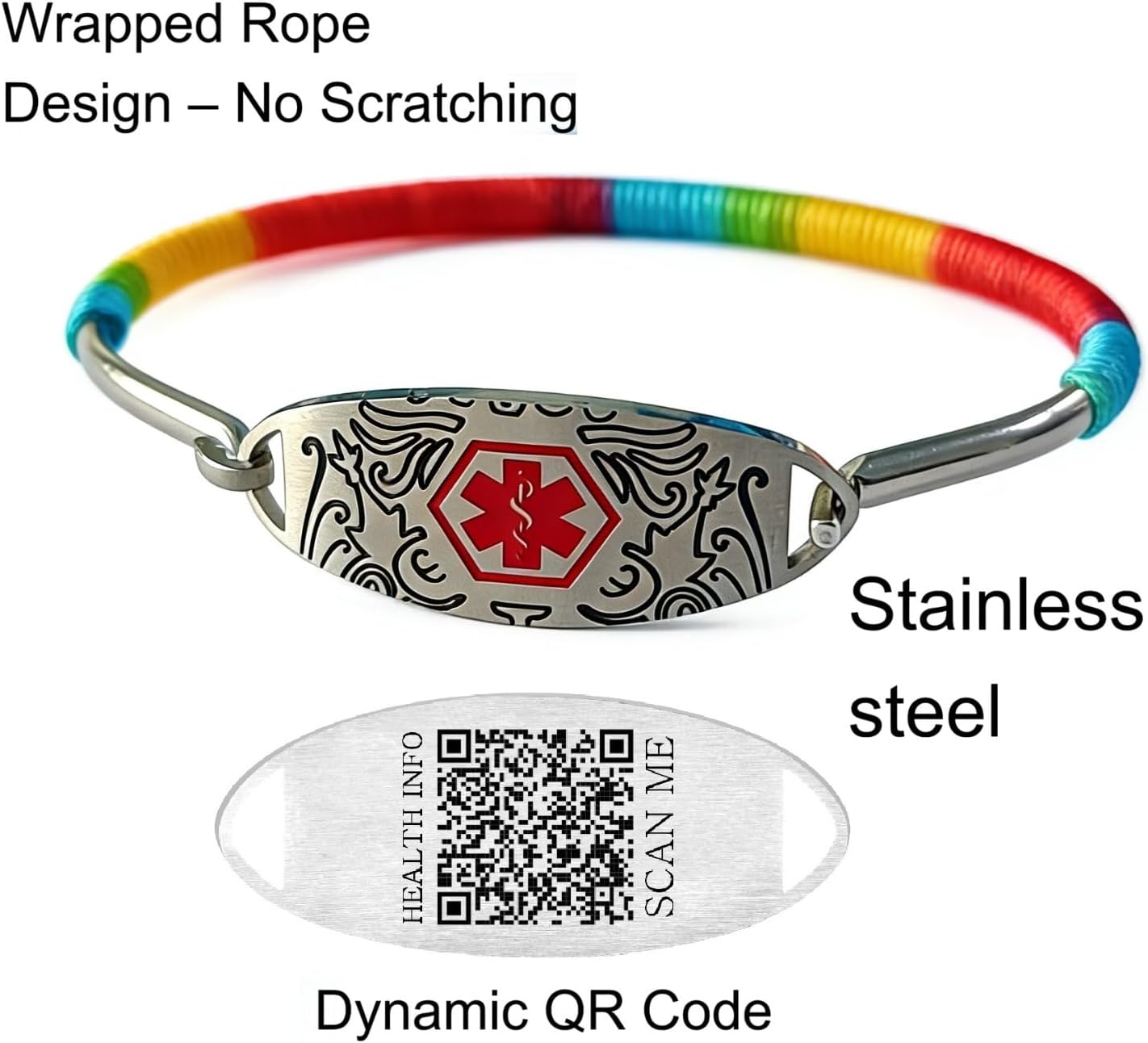 Medical Alert Bracelet for Women, Stainless Steel Cuff with Red Medical Symbol, Custom Engraving or Dynamic QR Code, Editable Emergency Health ID, Hypoallergenic Thread Wrapped Design