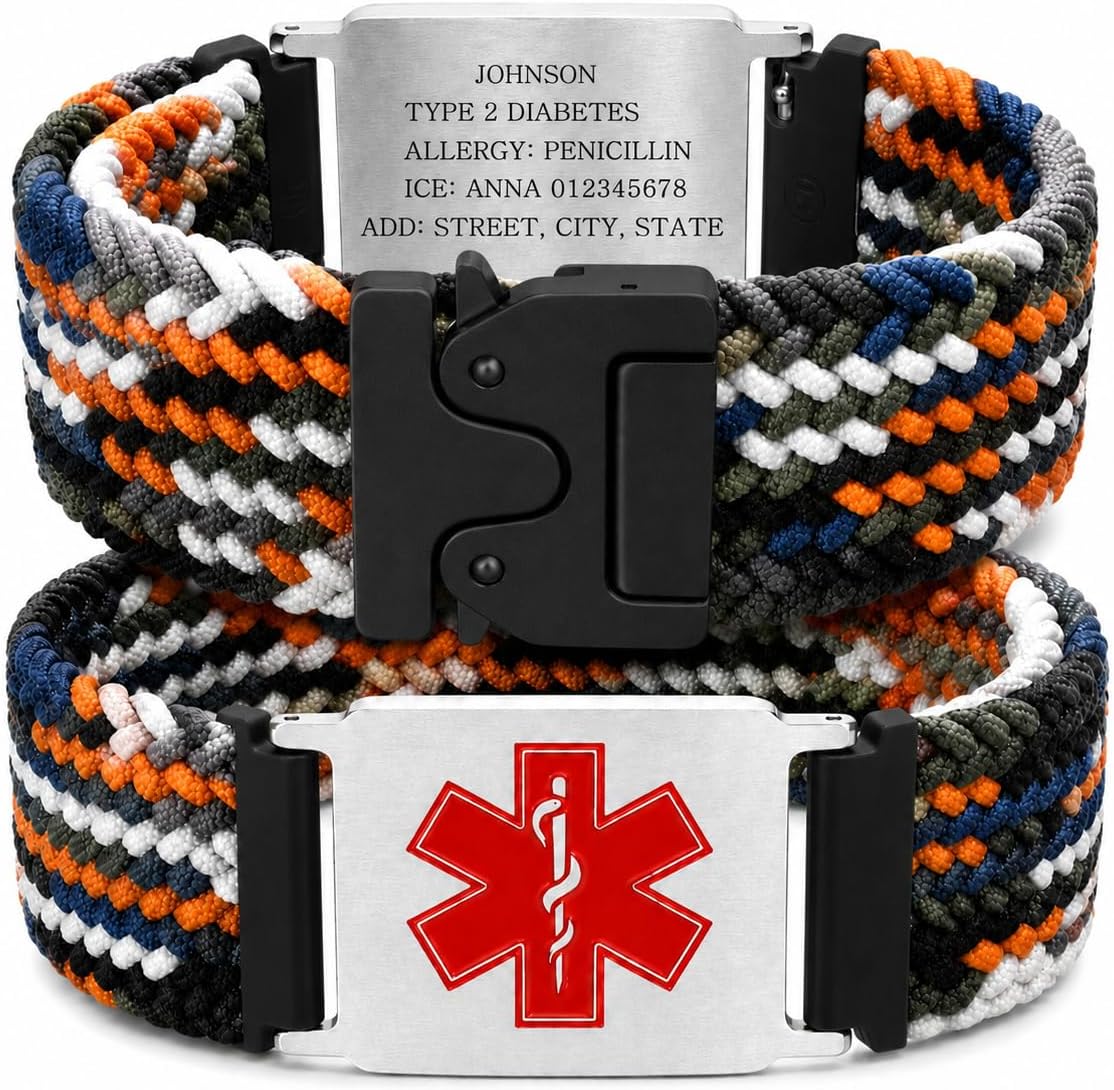 Uloveido Personalized Nylon Medical ID Bracelet with Laser-Engraved Medical Alert Tag and Dynamic QR Code, Braided Elastic Watch Band with Secure Parachute-Style Buckle, 20mm Adjustable for Men