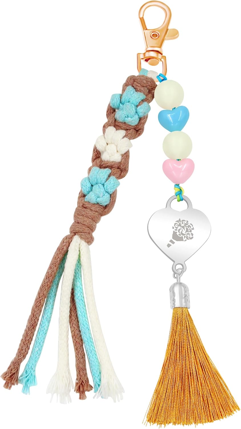 Handmade Flower Tassel Keychain Charm Boho Woven Floral Bag Pendant with Heart Beads for Women
