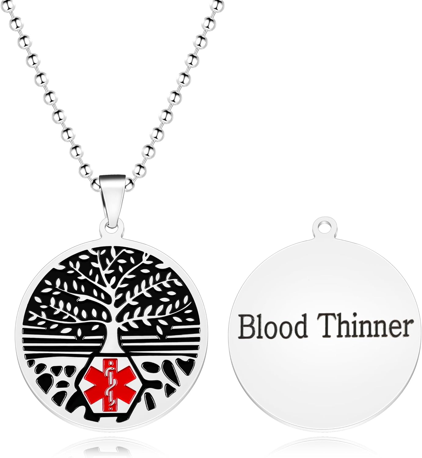 Red Medical Symbol ID Necklace, Custom Emergency Info Pendant, Stainless Steel Life Tree Medical Jewelry, Personalized Health Alert for Women YA5053