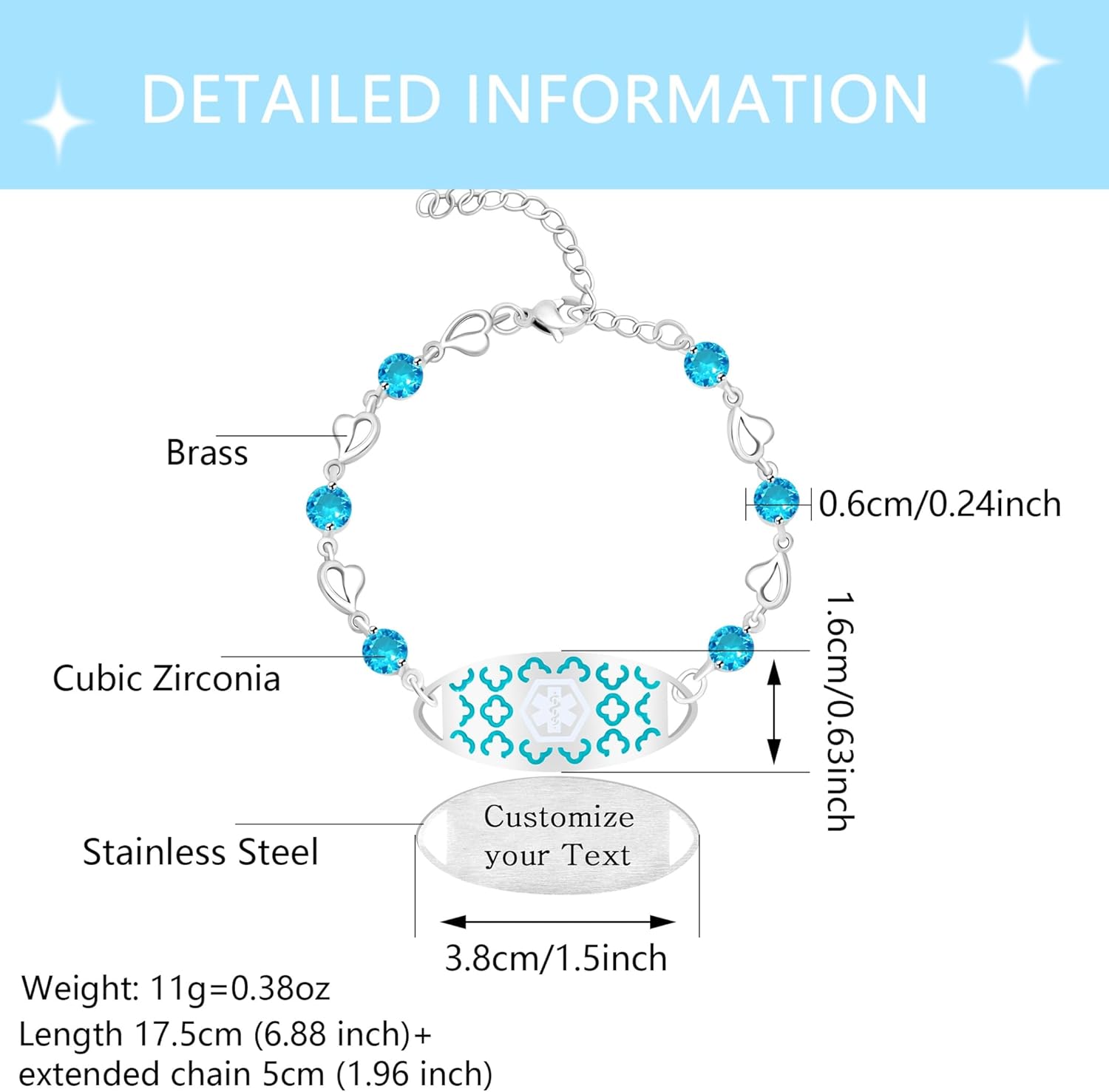 Bracelet Médical Femme Gravé – Tennis Ajustable Avec Zircone, Pour Diabète Type 2 Ou Infos Urgentes