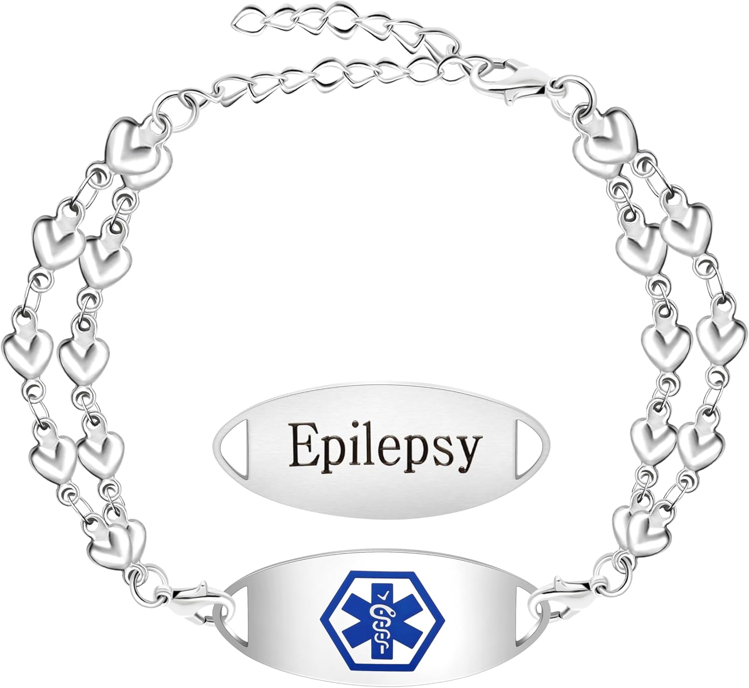 Uloveido Double Love Heart Link Bracelet - Personalized Engraved Medical Alert Jewelry for Blood Disorder, Epilepsy, Diabetes, Asthma, Mental Health, Allergy, and More