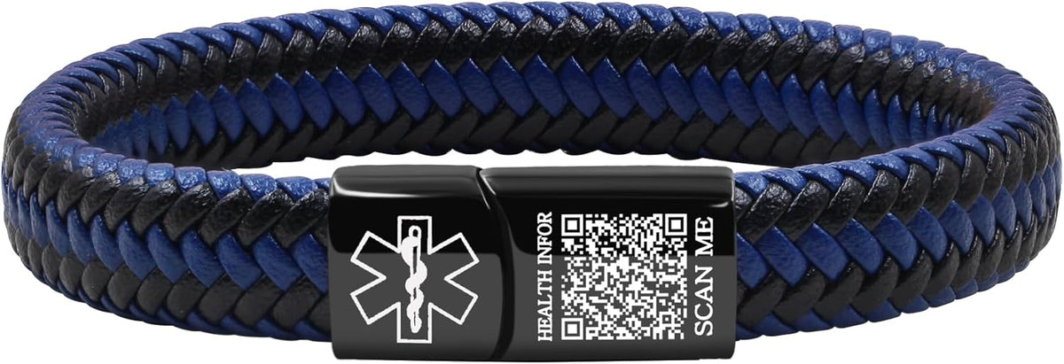 Dynamic QR Code Medical Alert Bracelet for Men Women No Medical Info Needed at Checkout PU Leather Emergency ID Cuff Bracelet Black Stainless Steel Clasp Scan to Update Health Info YA5551