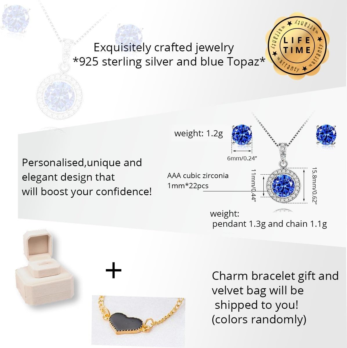 Uloveido 925 Sterling Silver Blue Natural Topaz Gemstone Necklace Pendant and Earrings Studs Jewellery Set FT003